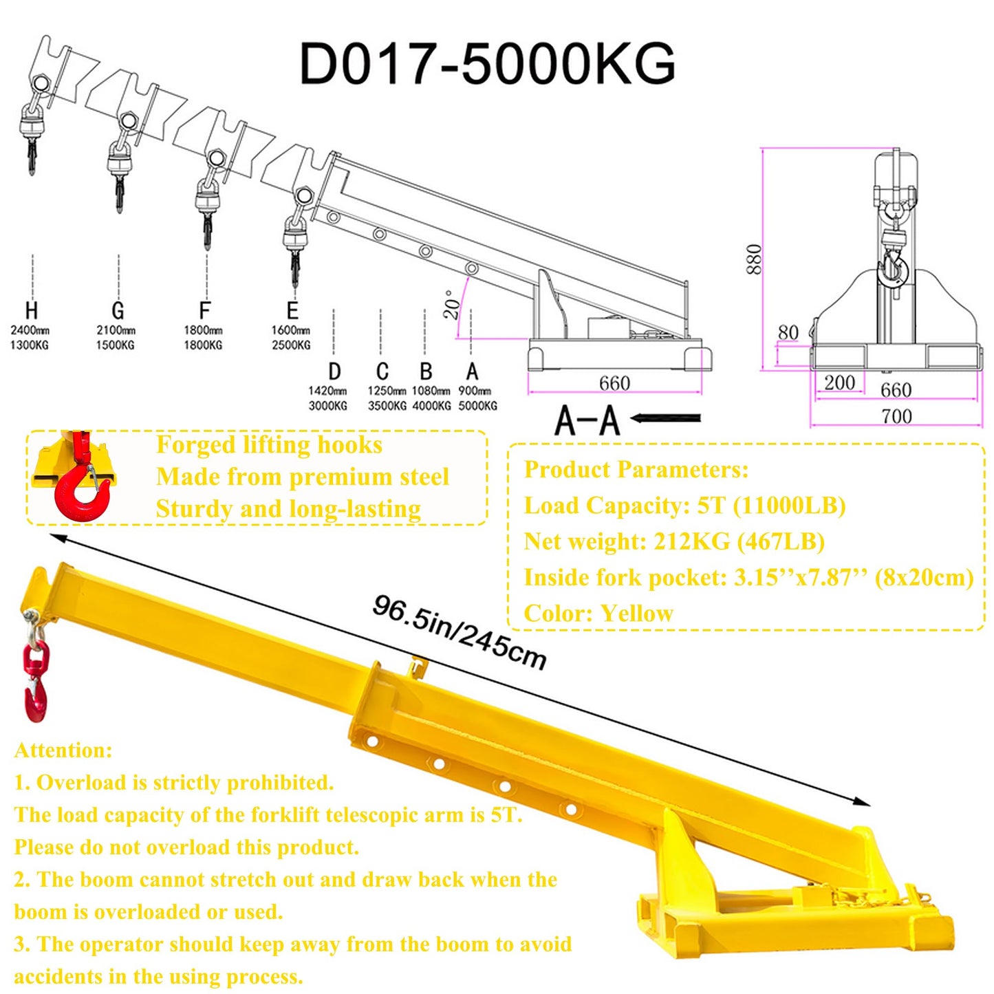 HQHAOTWU Forklift Jib Boom Crane 11000lbs Capacity Telescoping Mobile Crane Industrial Adjustable Forklift Lifting Hoist Truss Jib Boom Hook Manual Telescopic 63in-96.5in for Warehouse & Factories