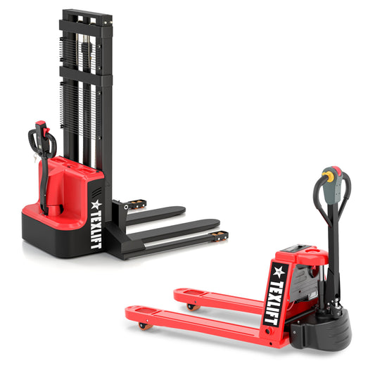TEXLIFT Full Electric Forklift Walkie Pallet Stacker 3300 Lb Capacity 138 Inch Lifting Height and Full Electric Power Pallet Jack 3300 Lb Capacity 48” L x 27” W Fork Size
