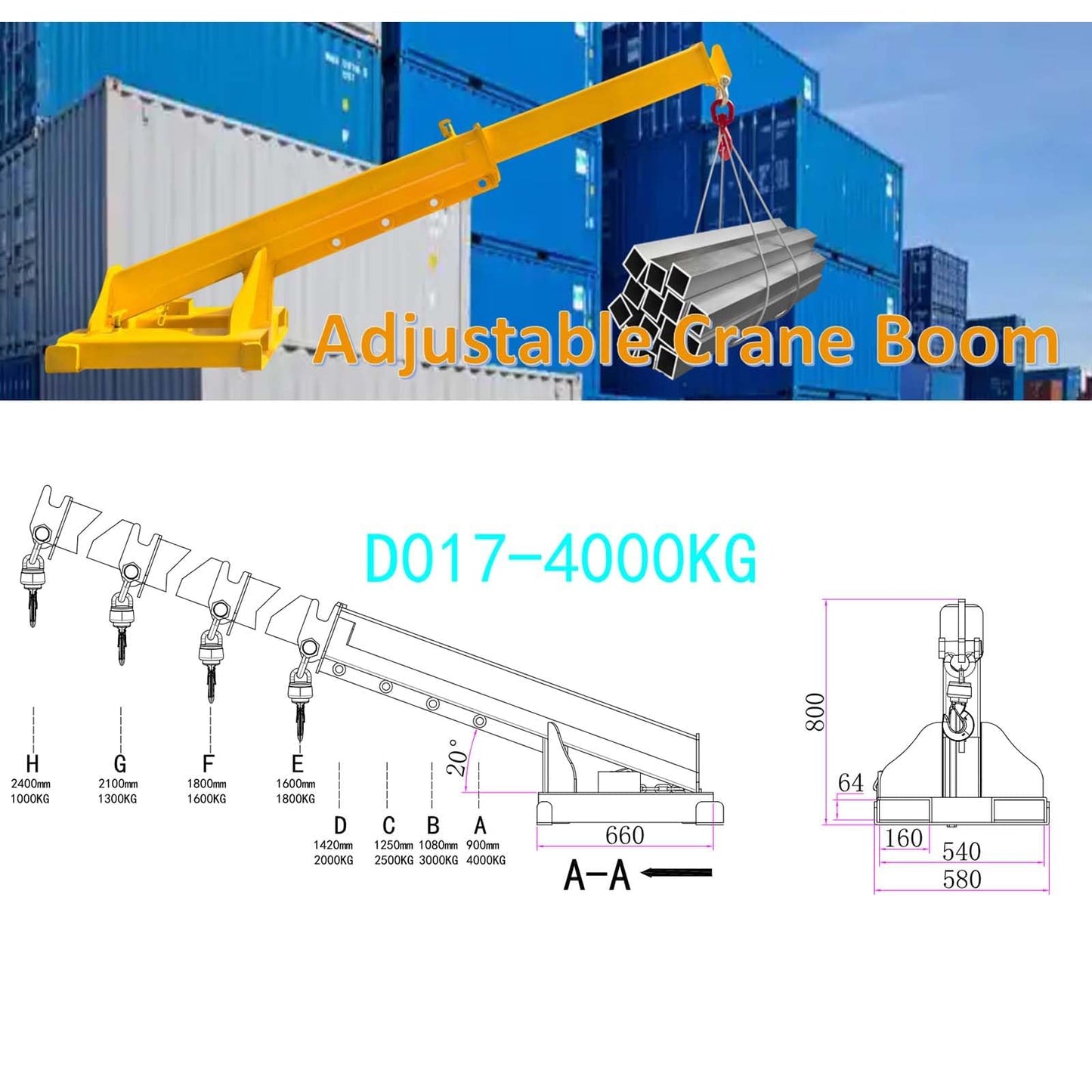 Yokoma Forklift Jib Boom Crane 8818lb Capacity Adjustable Mobile Crane Lifting Hook Hoist Pivoting Truss Jib Boom Extends 94.5in Industrial Telescopic Lift Attachments for Construction Warehouse