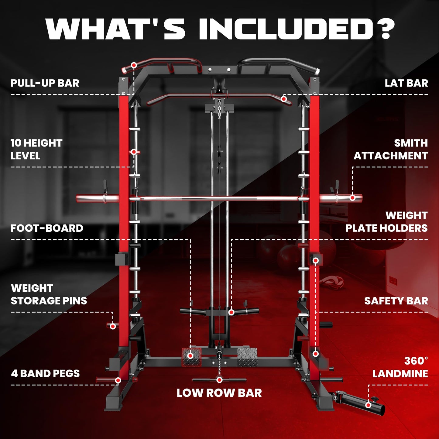 JELENS SR01 Smith Machine, 2000LBS Multi-Function Power Cage with LAT Pulldown System, All-in-One Home Gym Squat Rack with Smith Bar and Training Attachments (Red, SR01 Smith Machine)