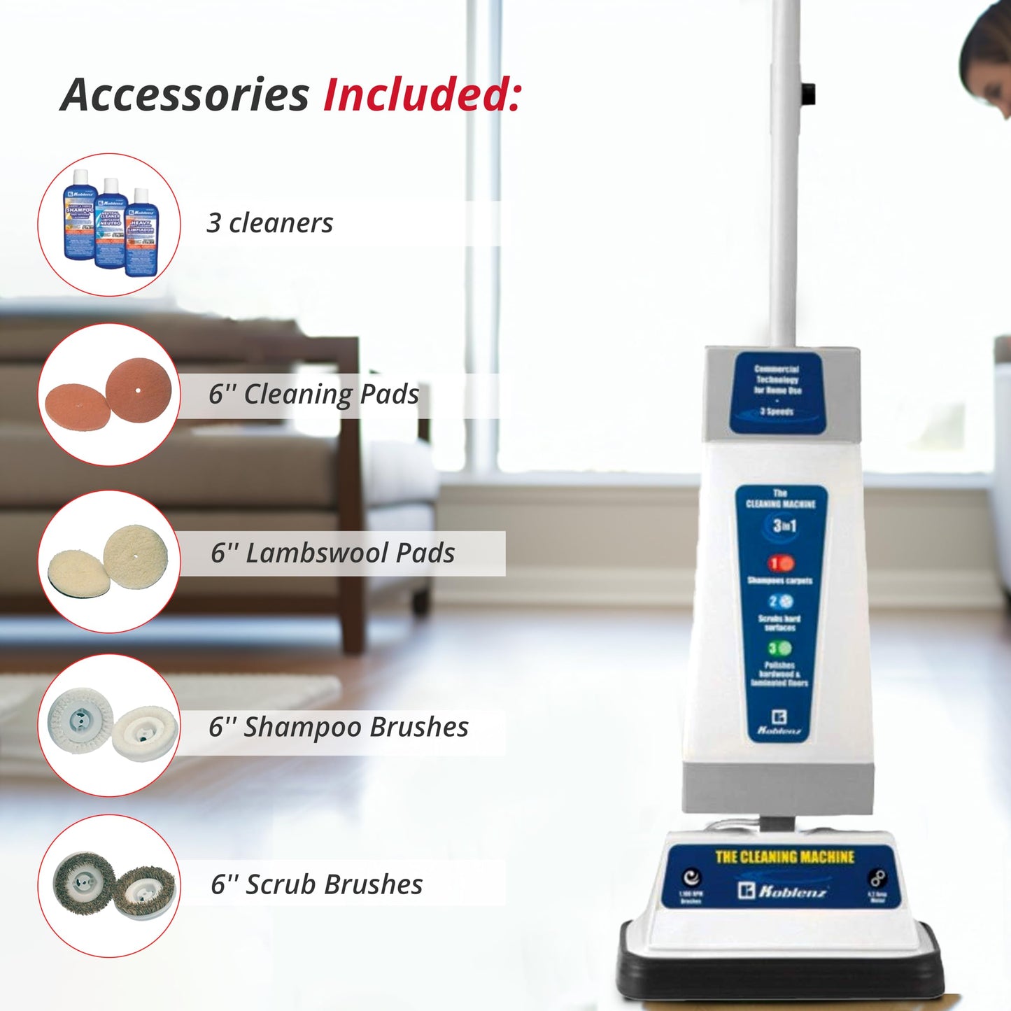 Koblenz P-820 BA Carpet Shampooer and Floor Polisher, Floor Scrubber Machine, 3-Speed, Scrubbing Brushes, Polishing Pads, Buffing Pads, Carpet Cleaner Machine, Includes Cleaners, Blue/Gray