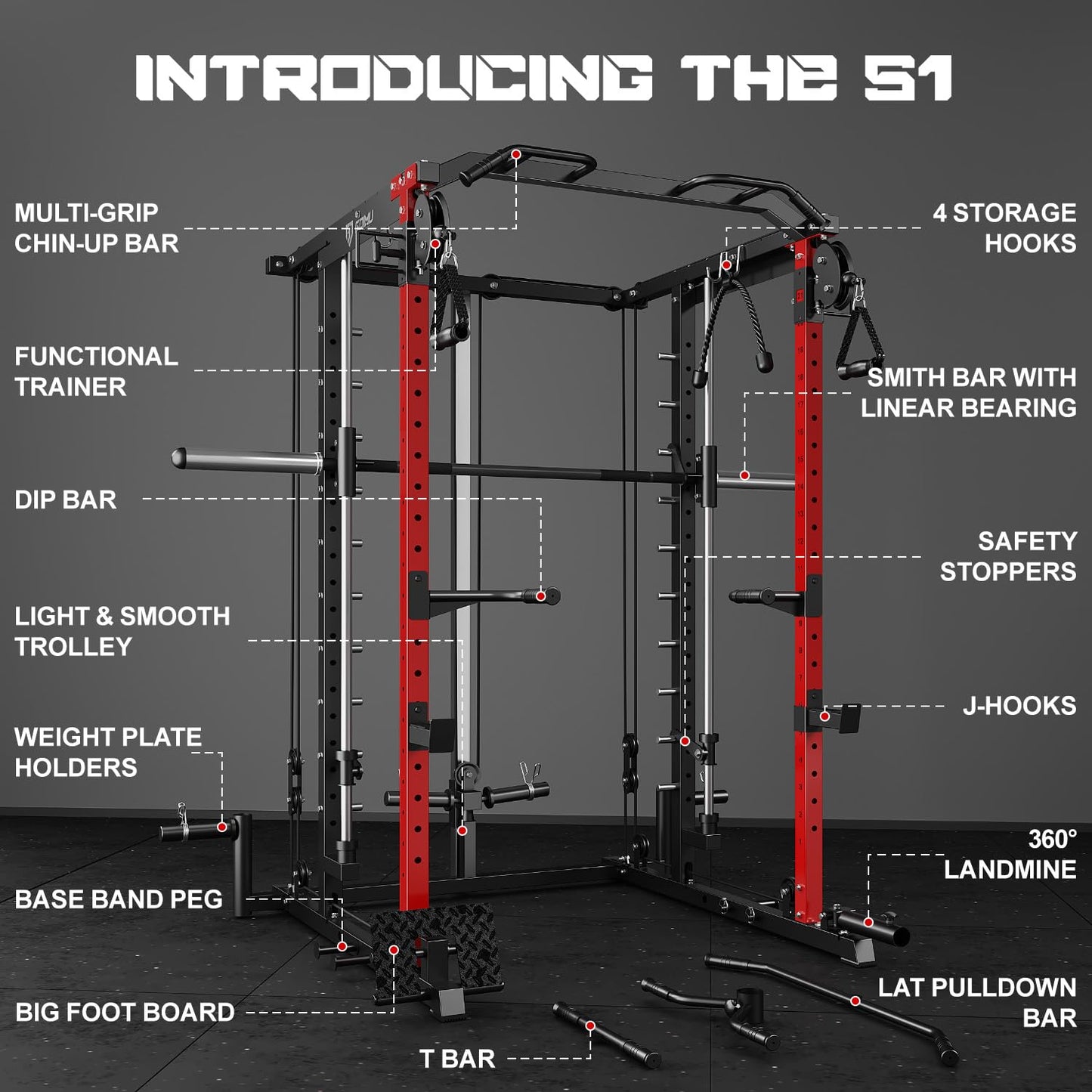 Goimu S1-V4 Smith Machine, 2000LBS Power Cage with Cable Crossover System, All-in-One Squat Rack with Smith Bar, Strength Training Equipment for Hone Gym (Smith Machine wiht 120LB)