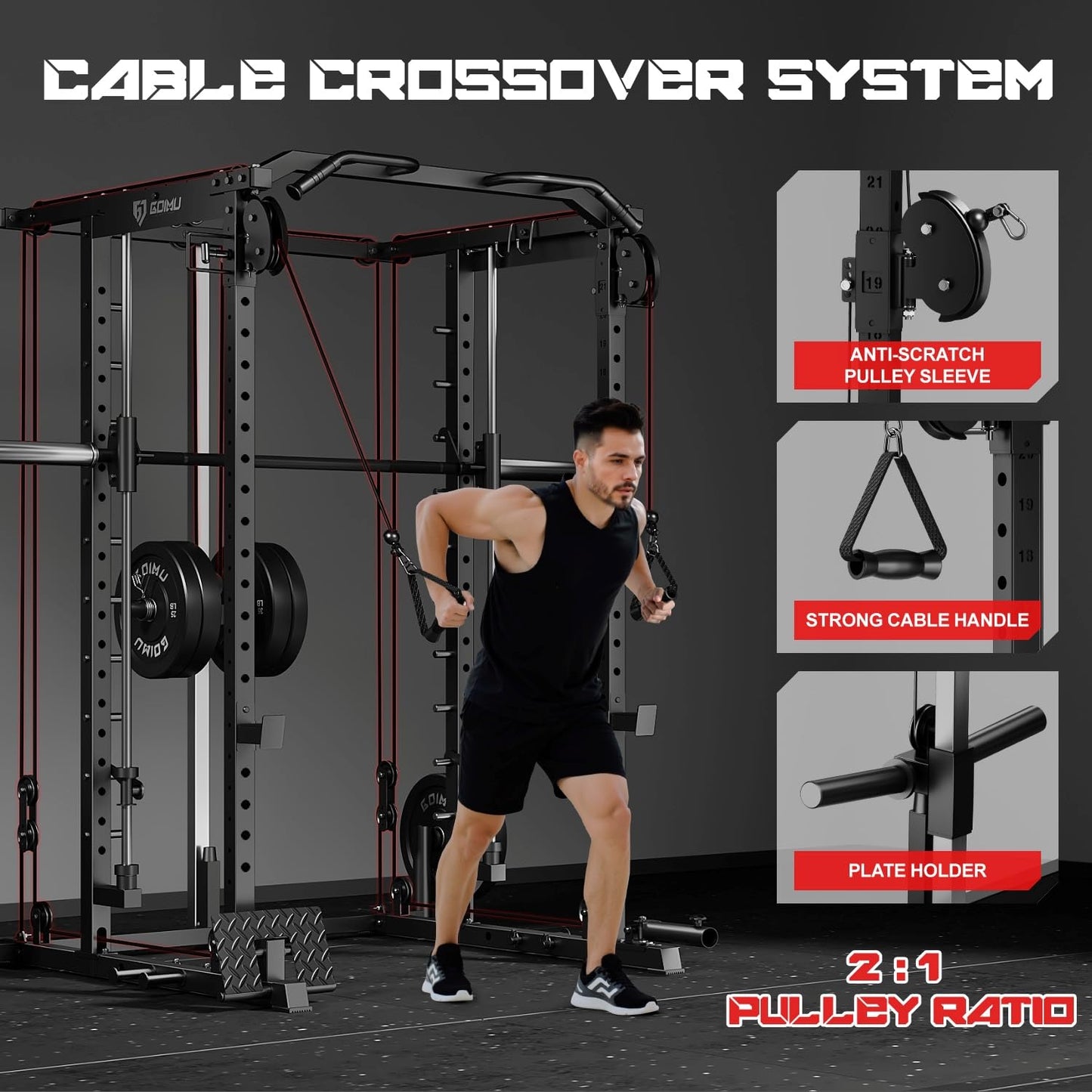 Goimu S1-V4 Smith Machine, 2000LBS Power Cage with Cable Crossover System, All-in-One Squat Rack with Smith Bar, Strength Training Equipment for Hone Gym (Black Smith Machine wiht 290lb C Weights)