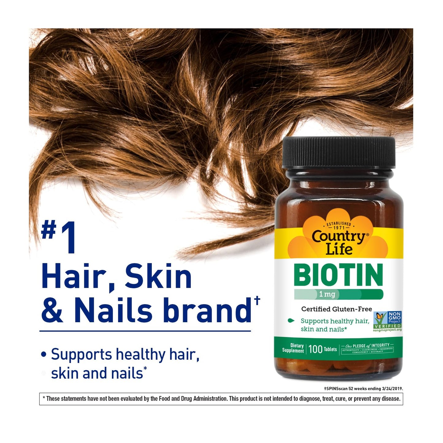 Country Life Biotin 1mg Supports Healthy Hair, Skin & Nails, 100 Tablets, Certified Gluten Free, Vegan, Halal, Non-GMO Verified