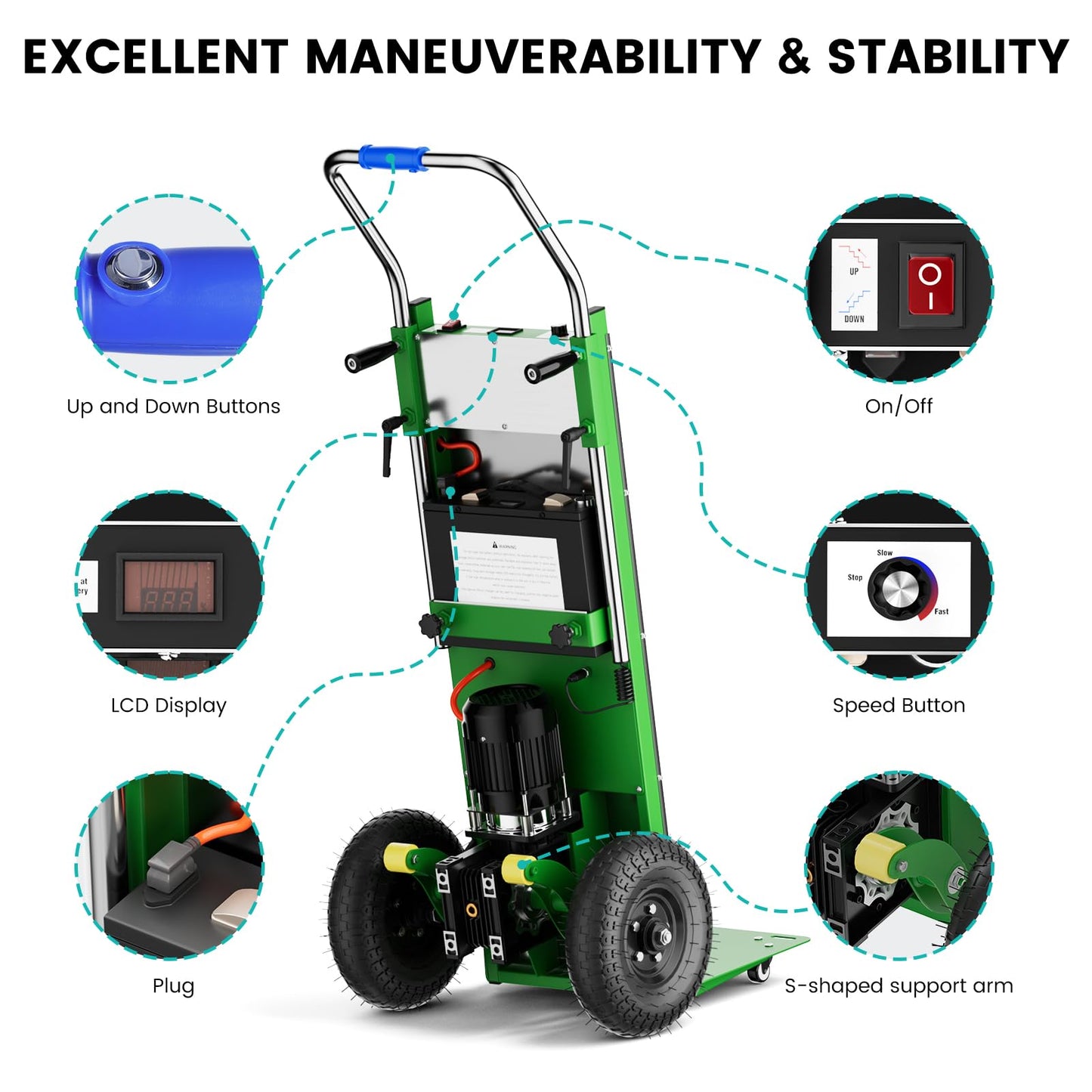 Electric Stair Climbing Dolly, 1200w Electric Hand Trucks Foldable, Large Capacity Stair Climbing Hand Trucks Dolly Cart with 4m Safety Rope, for Mobile Furniture Logistics Warehouse (Green)