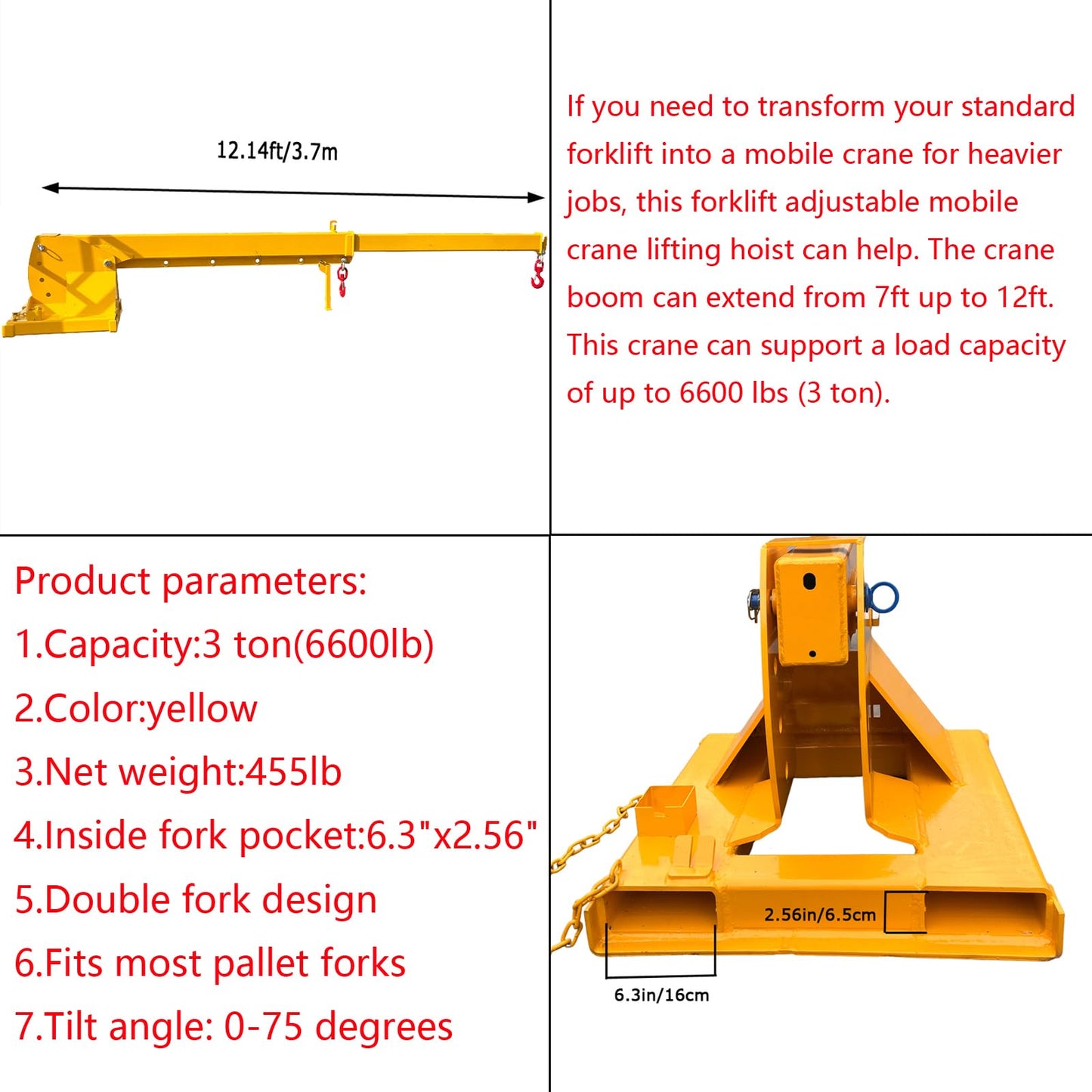 WYDDDARY Adjustable Mobile Crane Lifting Hoist Truss Jib Boom Hook Forklift Telescopic Arm with Adjustable Tilt Angle for Forklift Towing Handling(6614LbS Lift Capacity)