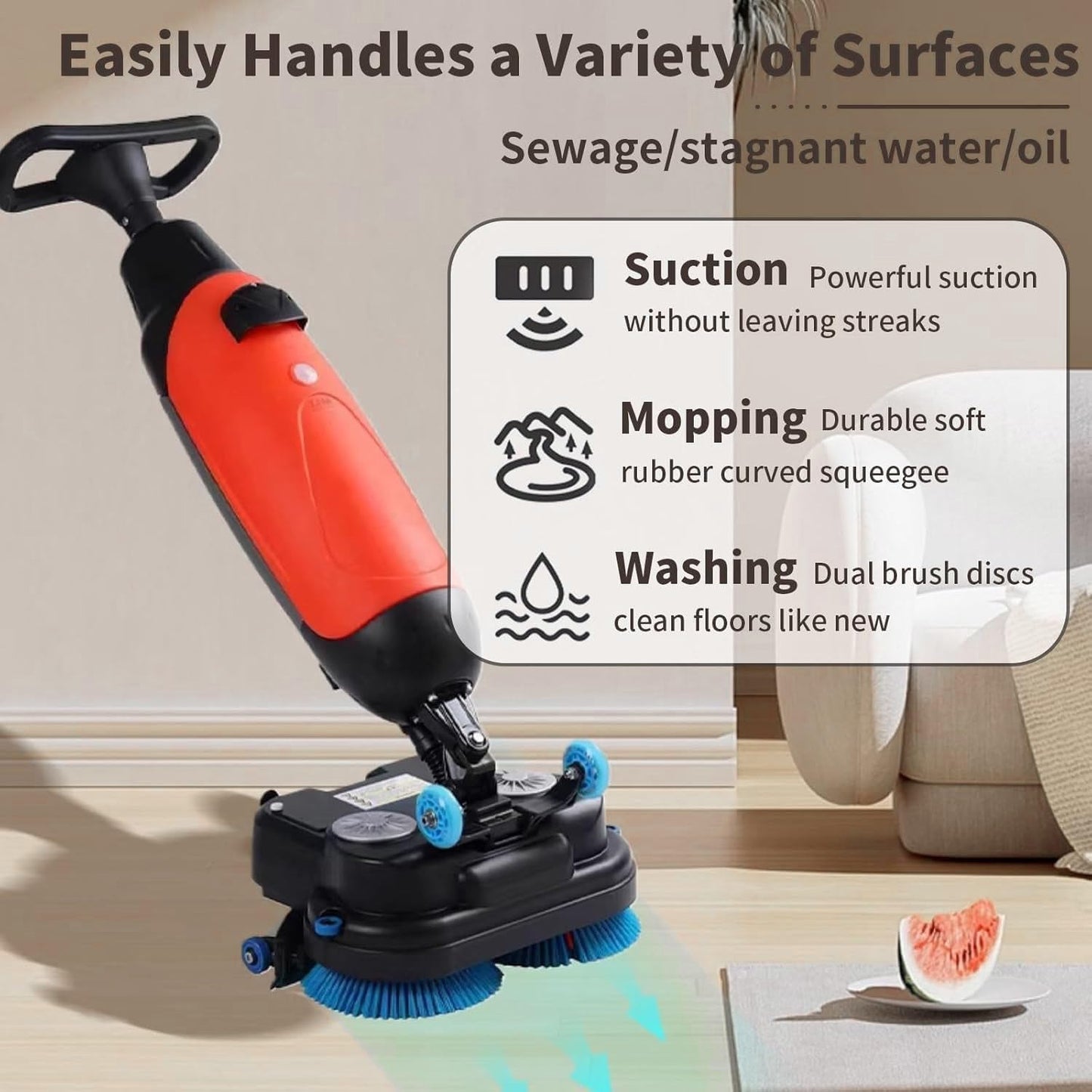LSHFYV Cordless Electric Floor Scrubber, 17" Commercial Floor Scrubber Machine with Double Brush Disc Battery-Powered Multi-Functional Floor Buffer Machine 360°Rotation, 12916 sqft, 360 RPM Motor Red