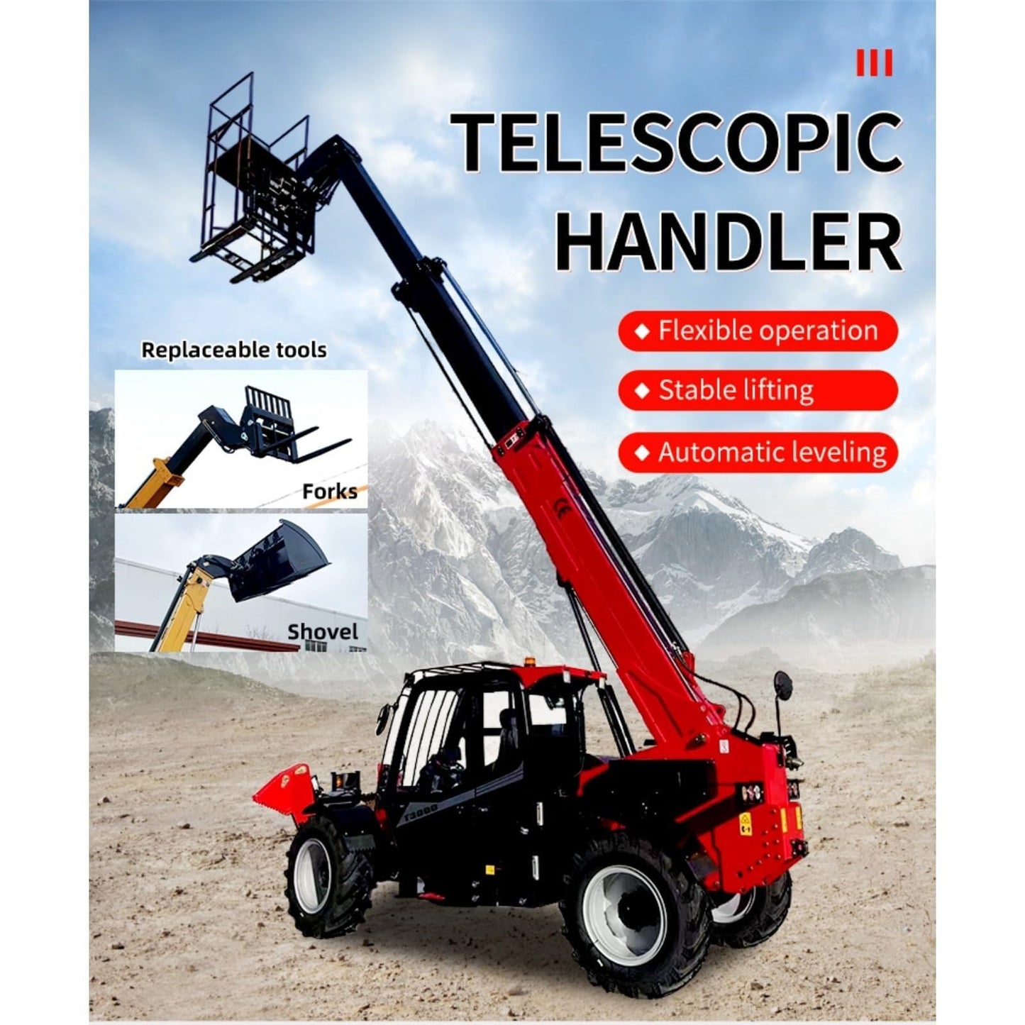 Telehandler Reach Forklift for Outdoor Material Handling, Rough Terrain Telescopic Lifting Machine with Enclosed Cab for Farm Warehouse Construction Use