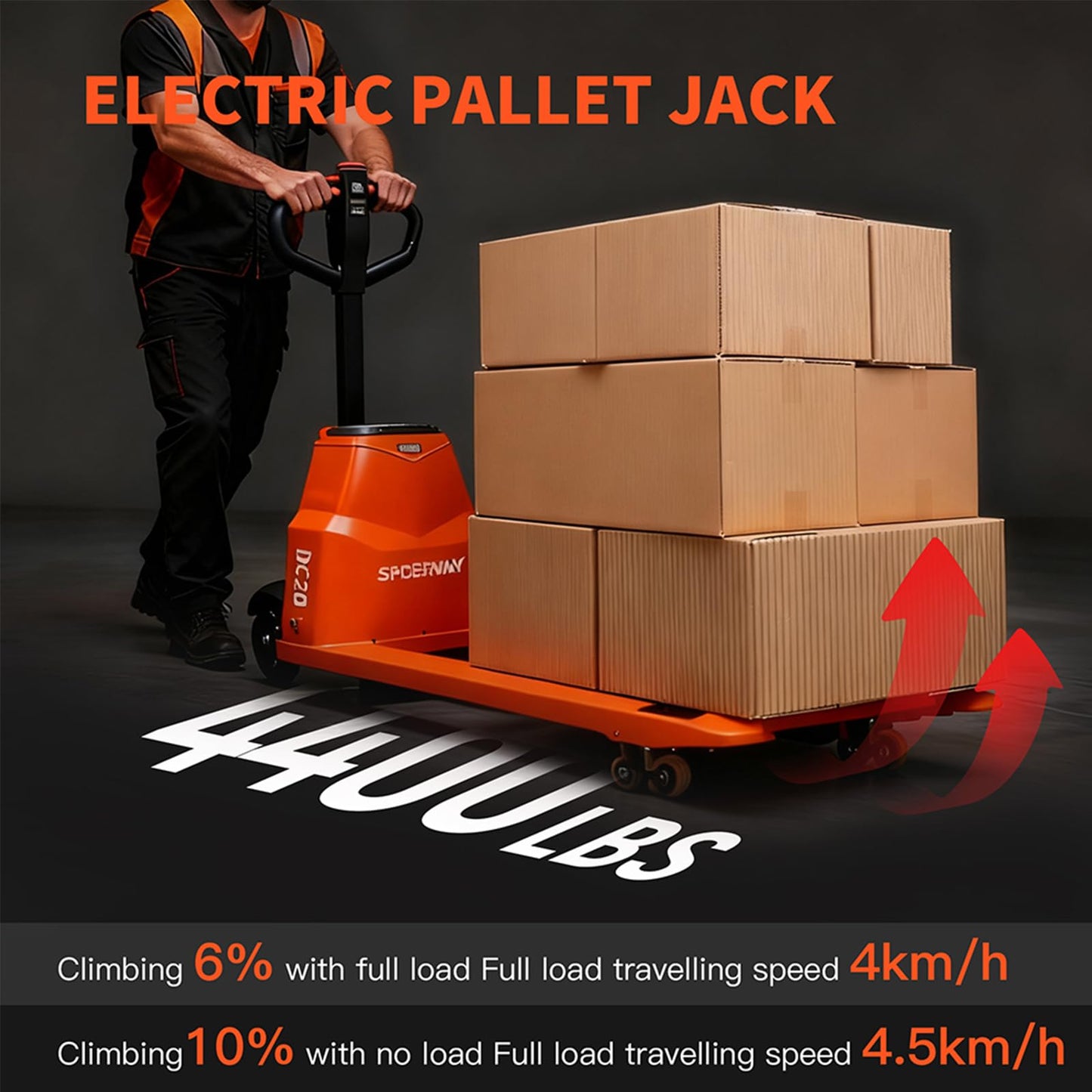 Full Electric Pallet Jack, 4400lbs Capacity Pallet Truck, 48V 20AH Lithium Powered Pallet Truck, 6 Hours Working Time, 3.35 to 7.68 Inch Lift Height, 48 x 27 Inch Fork Size, for Material Handling