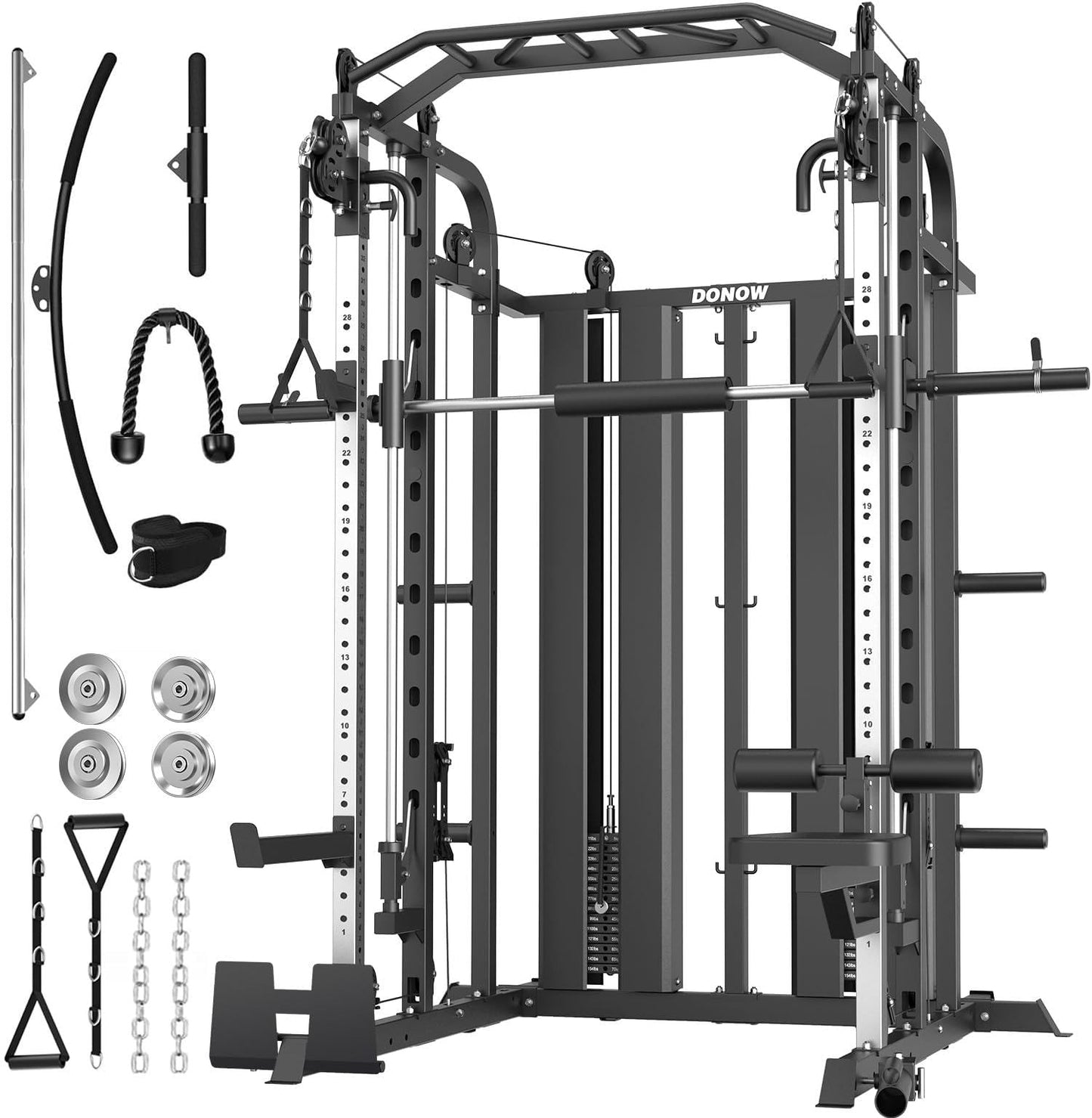 DONOW Smith Machine with Weight Stacks, Multi Function Home Gym System Training Power Cage Squat Rack Dual Cable Crossover Machine All in One
