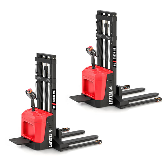 Full Electric Forklift Walkie Pallet Stacker with Stand - Fixed Straddle Legs and Adjustable Forks 5.50 Inch to 27 Inch – Material Lifter 3300lbs Capacity 10Ft/118 Inch Lifting Heights - 2 Pack