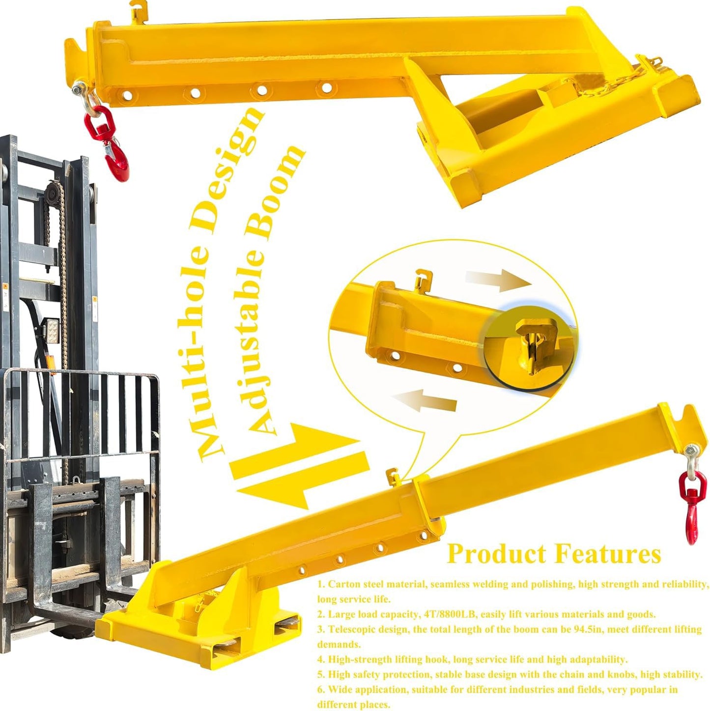 HQHAOTWU Forklift Jib Boom Crane 8800lbs Capacity Telescoping Mobile Crane Industrial Adjustable Forklift Lifting Hoist Truss Jib Boom Hook Manual Telescopic 63in-94.5in for Warehouse & Factories