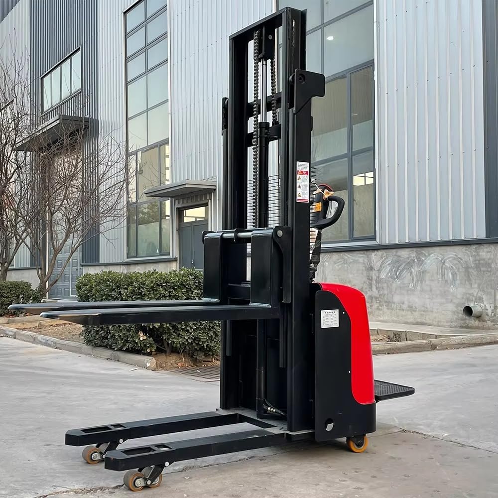 Full Electric Small Pallet Stacker, Standing Mini Forklift, 1.5–2 Ton Electric Stacker with 2m 3m 4.5m Lifting Height Options, Adjustable Forks, PU Wheels, Warehouse Material Handling Equipment
