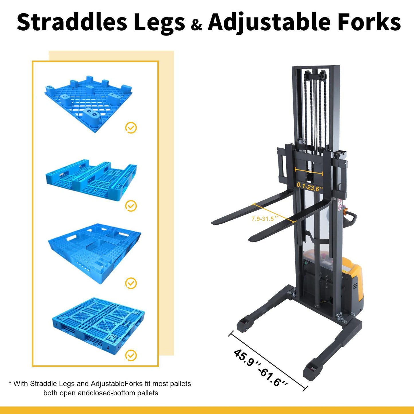 Full Electric Pallet Stacker, Heavy-Duty Forklifts with Straddle Leg and Adjustable Forks for Efficient Warehouse Operations, Pallet Lifts Stackers with Built-in Charger