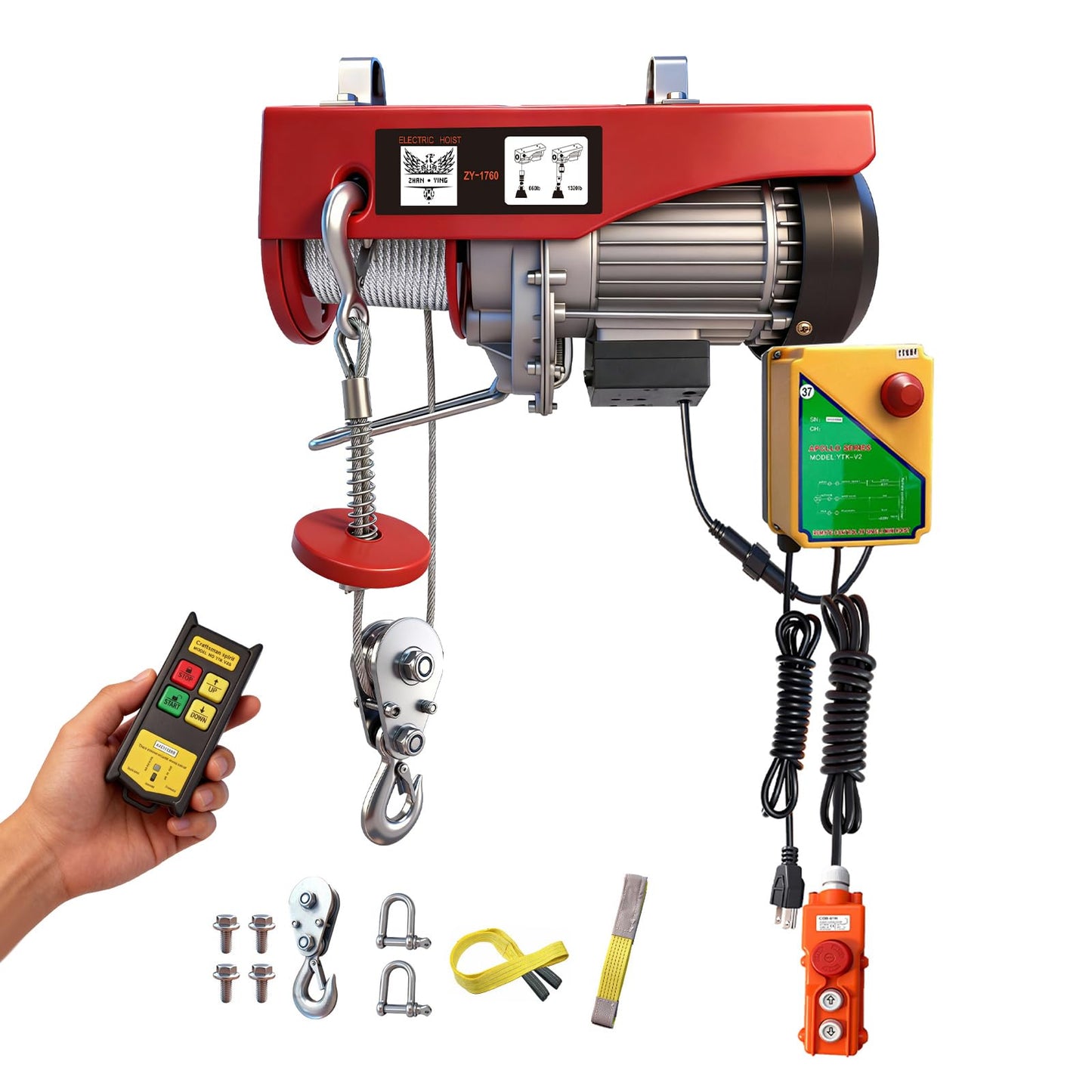Electric Hoist,1760 lbs 110V Electric Winch with 328 ft Wireless & 14 ft Wired Remote Control, Single/Double Slings,40 ft Single Cable Lifting Height, Lift Hoist for Garage Warehouse Factory