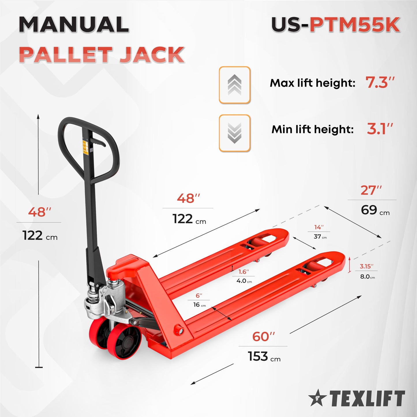 TEXLIFT Industrial Manual Pallet Jack – Standard Duty Pallet Truck 5500 Lb Capacity - 48” L x 27” W Fork Size – Hand Truck for Material Handling - Max Lift Height 8 Inch - (US-PTM55K)