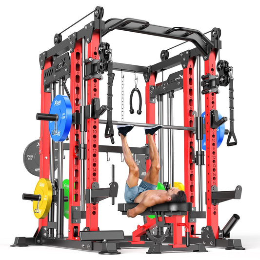 XGSW XINGESIWR Multi-Purpose Squat Rack,Smith Machine Weight Rack Set with Cable Crossover System, Home Gym Power Racks, Power Racks and Packages (L04, Power cage Red+Bench+Color BP 230LBS)