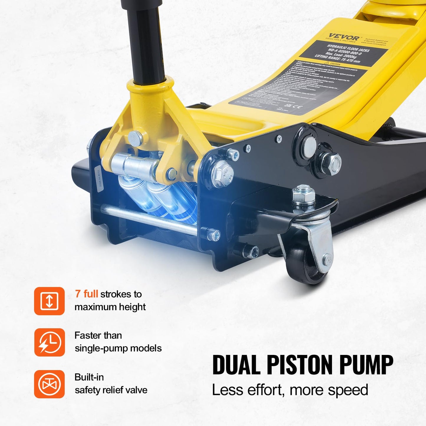 VEVOR Low Profile Floor Jack 2 Ton (4400 lbs), Heavy Duty Iron Hydraulic Racing Floor Jack, Hydraulic Car Jack, Dual Piston Quick Lift Pump, 3"-18.5" Height Lifting Range (Yellow)