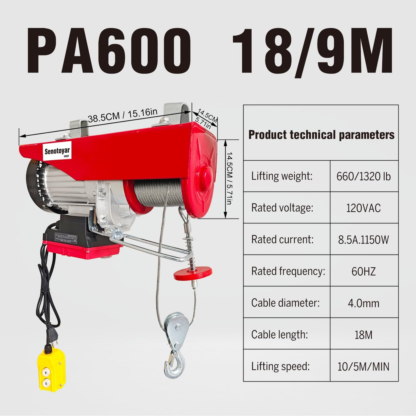 Electric Hoist 2 in 1,1320lbs Electric Hoist Winch with 98ft Wireless Control&Wired Remote Control,110v Electric Hoist 59ft/29.5ft Lifting Height for Garage Warehouse Factory,Single/Double Slings