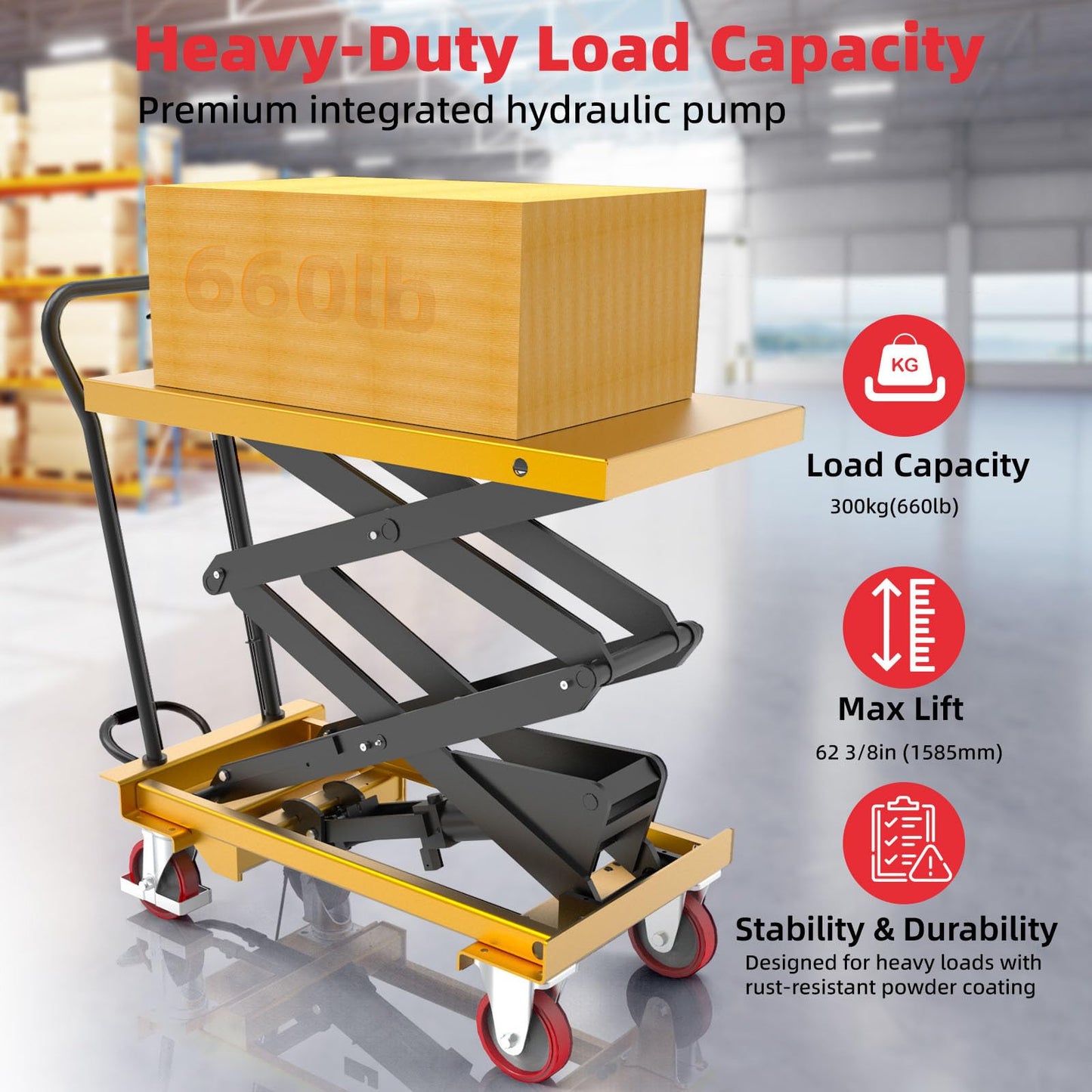 ZKH Hydraulic Lift Cart, 660lb Capacity, 63" Max Lifting Height, Single Scissors Lift Table with Locking Wheels and Overload Bar for Safe Operations, Ideal for Material Handling and Freight Lifting
