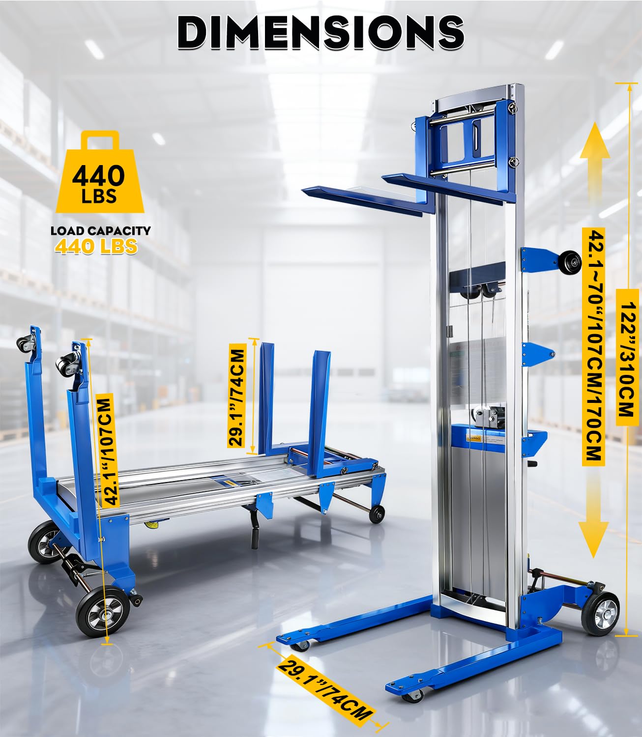 Material Lift Winch Stacker 440 lbs 122" Lift Height, Adjustable Straddle Hand Winch Lift Truck, Material Lifts for Warehouse Factory Library Logistics