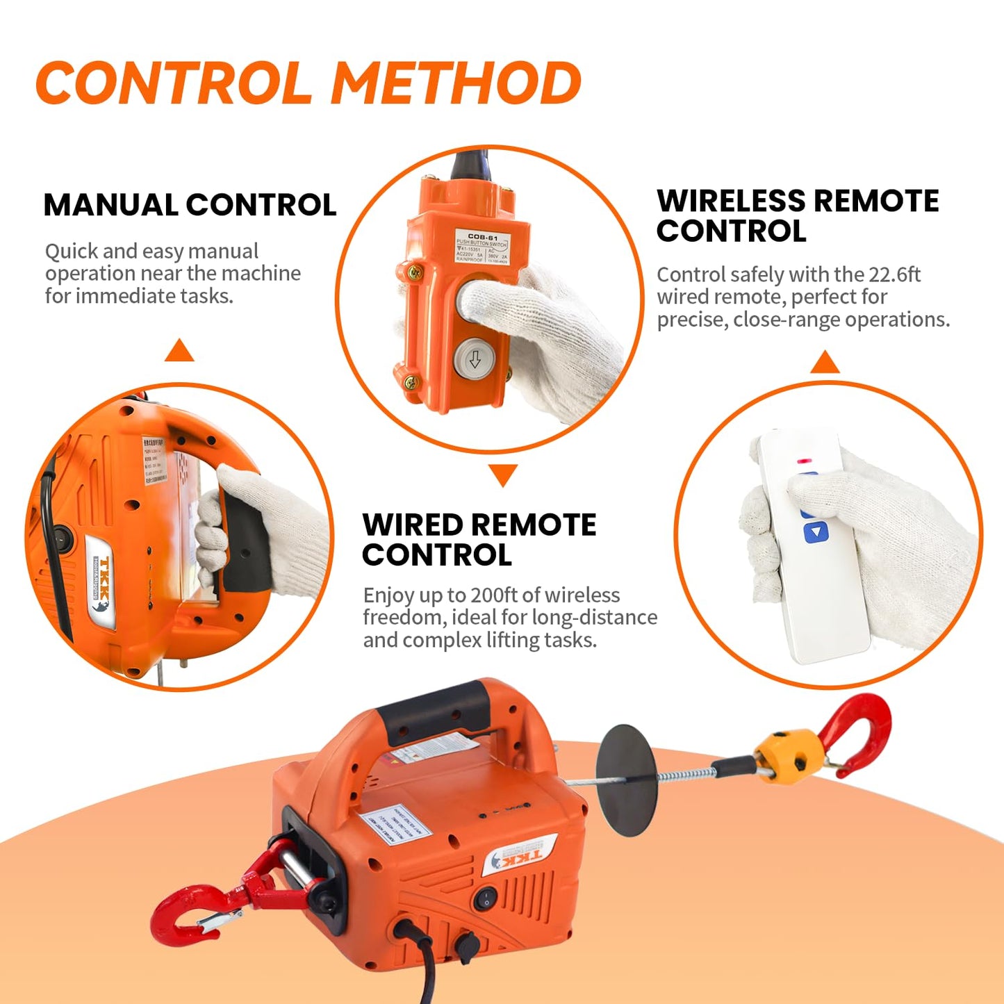 TKK 3 in 1 Electric Hoist Winch, 1540lbs Capacity, Portable with Wire and Wireless Remote Control, 120V, Overload Protection, 25ft Lifting Height for Towing