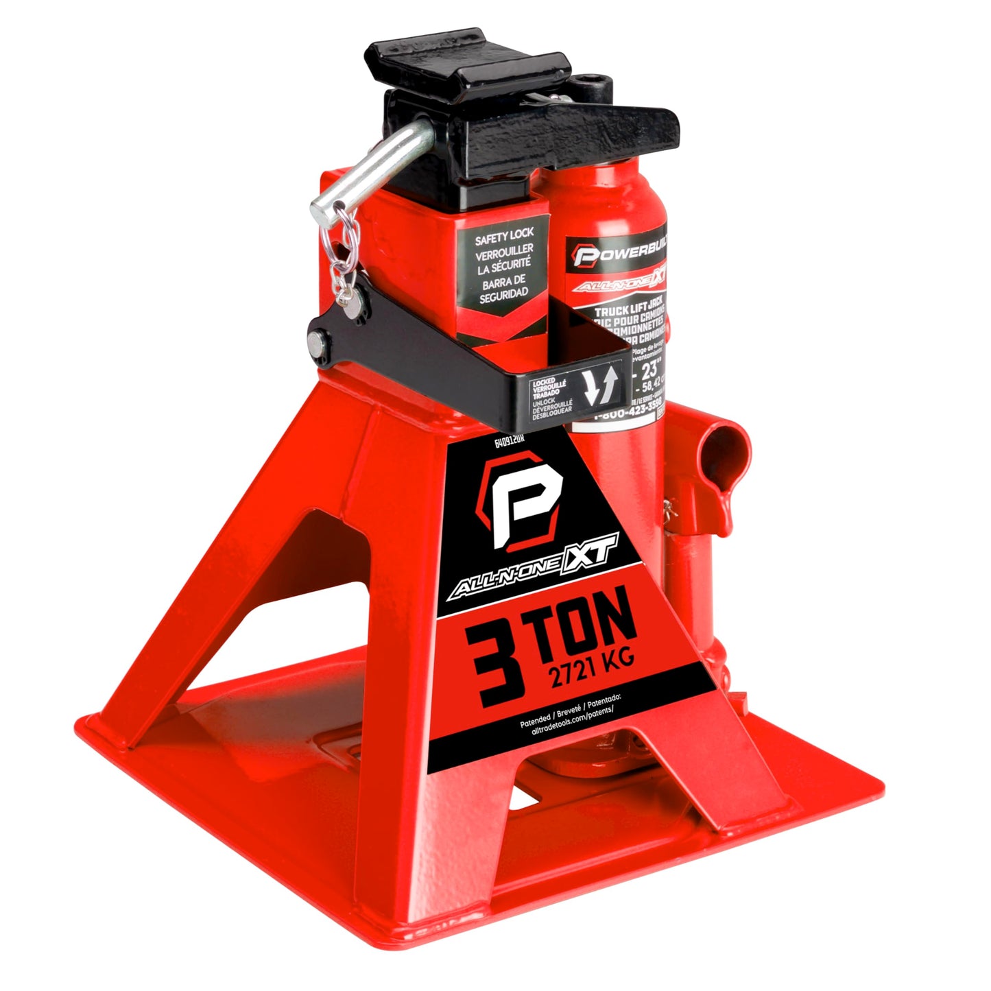 POWERBUILT 3 Ton All-in-One Hydraulic Bottle Jack and Jackstand in One, Compact, Wide Base, 11-21 inch Range, Eliminates Jackstands, for Trucks, SUVs, RVs, Trailers, Not for Sedans (Orange) 640912OR