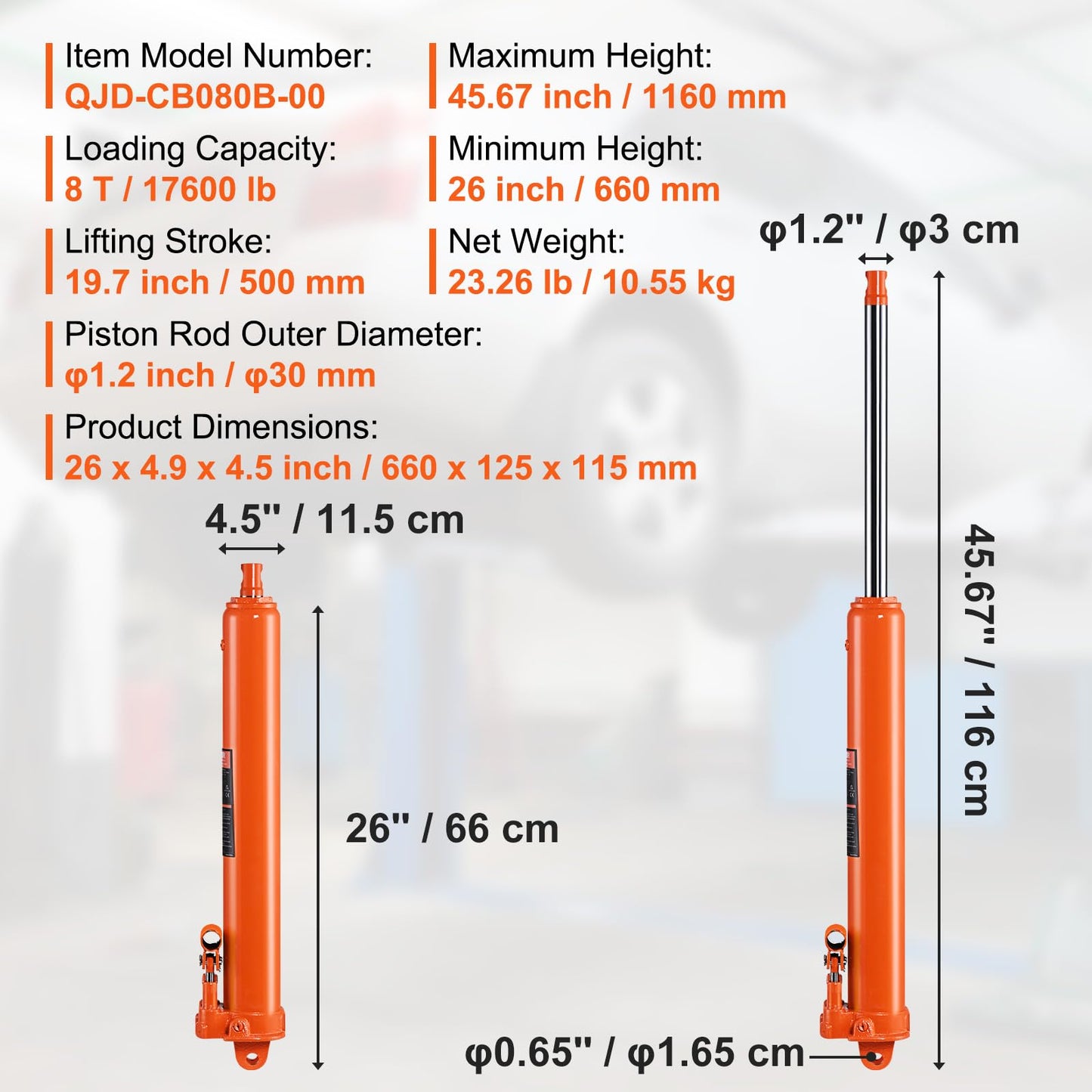 VEVOR Hydraulic Long Ram Jack, 8 Ton Engine Hoist Cylinder with Double Piston Pump and Clevis Base, Hydraulic Ram Cylinder for Engine Lift Hoists, Hydraulic Garage/Shop Cranes, Mechanical, Farm