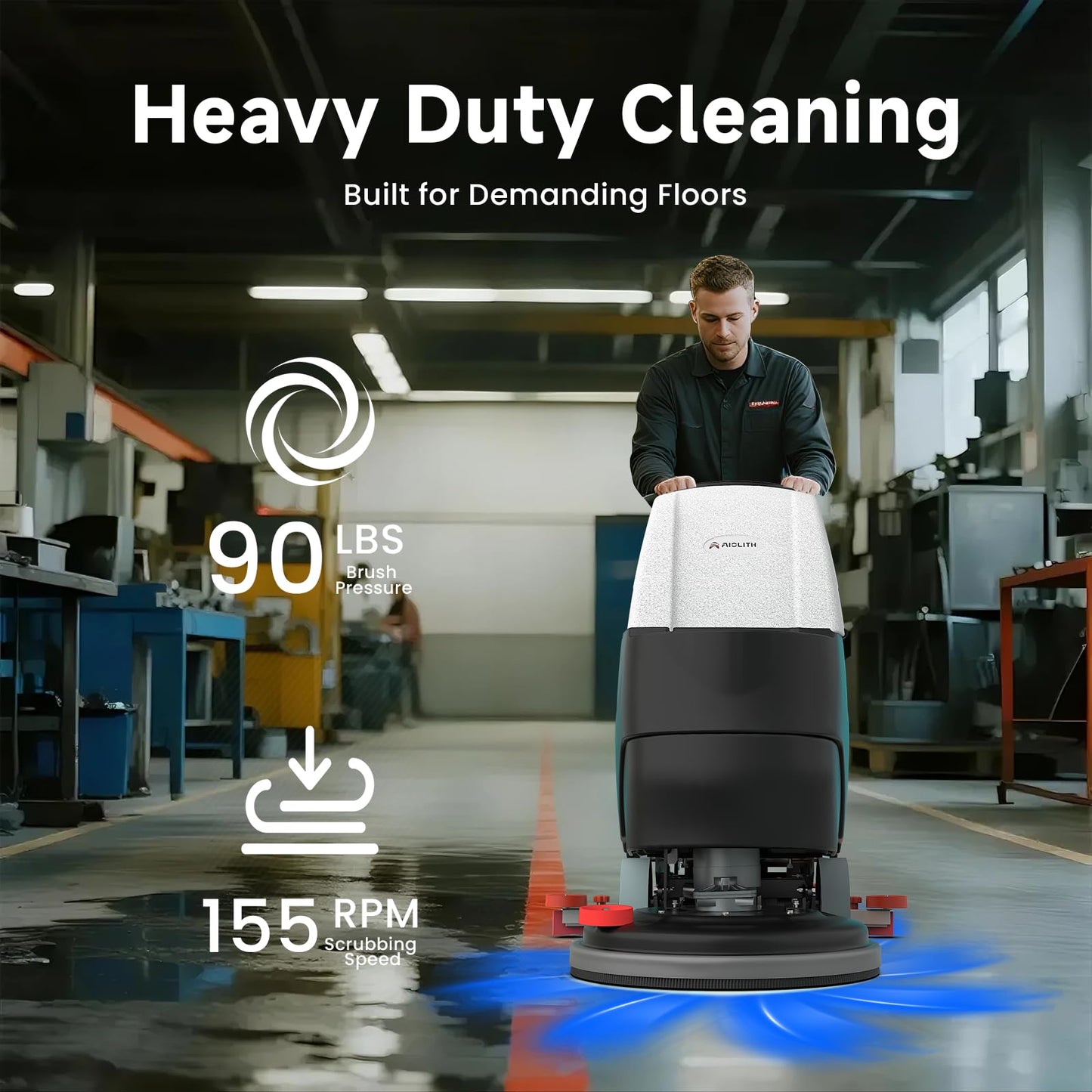 AIOLITH AF2217 Auto Self-Propelled Floor Scrubber Kit, 22" Path, 17-Gal, Up to 38000 ft²/h, Lithium Battery, Heavy-Duty & High-Efficiency Cleaning for Warehouses, Schools, Hospitals, Malls