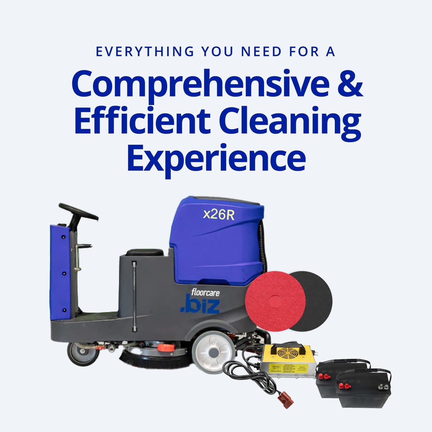 USA-CLEAN X26R Ride-On Auto Floor Scrubber Machine Bundle - 26" Cleaning Path, Battery-Powered, Large Tank Capacity - Includes Pad Drivers and Cleaning Pads
