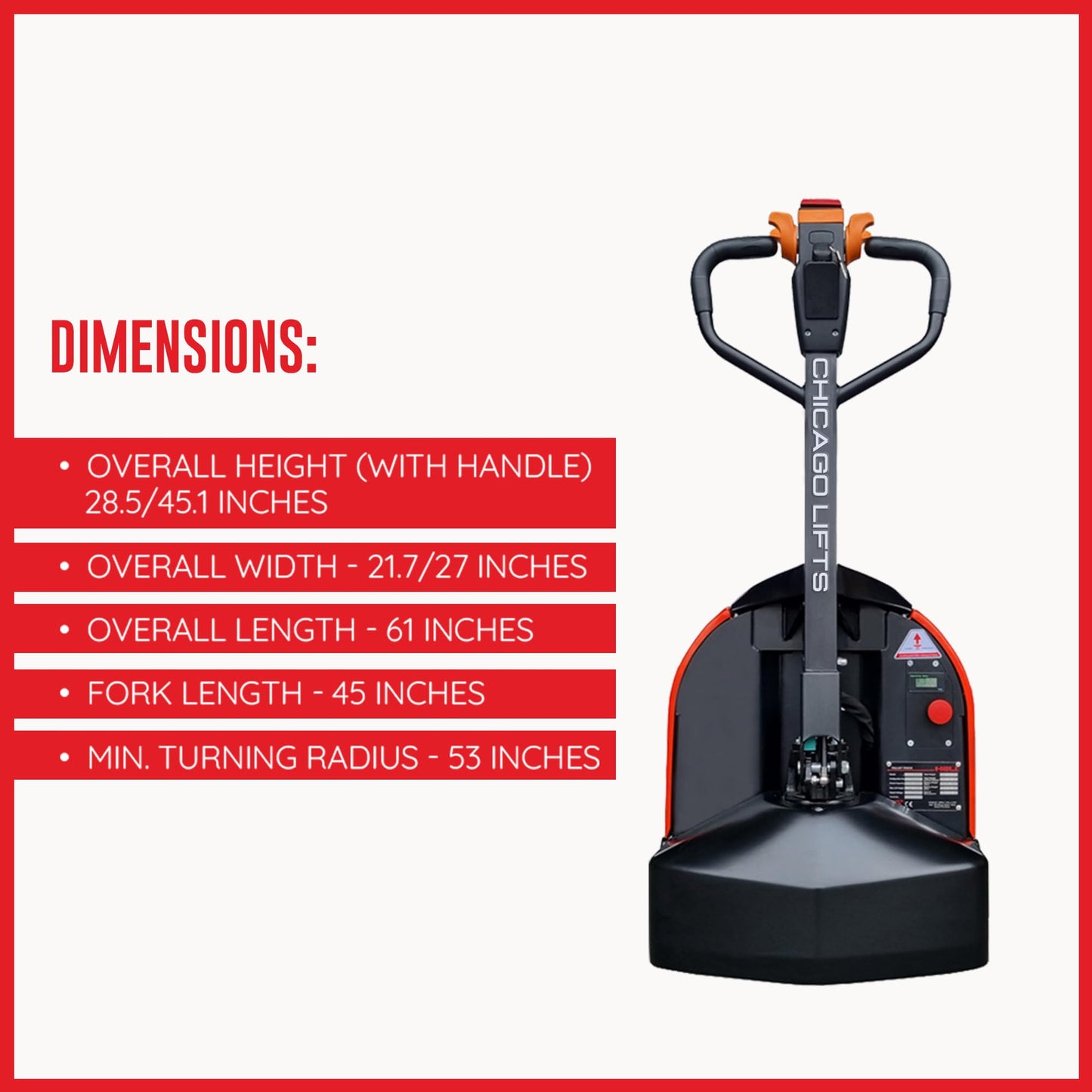 Chicago Lifts 48" x27" Full Electric Pallet Jack 3300lbs Capacity Li-Ion Battery 24V/30AH