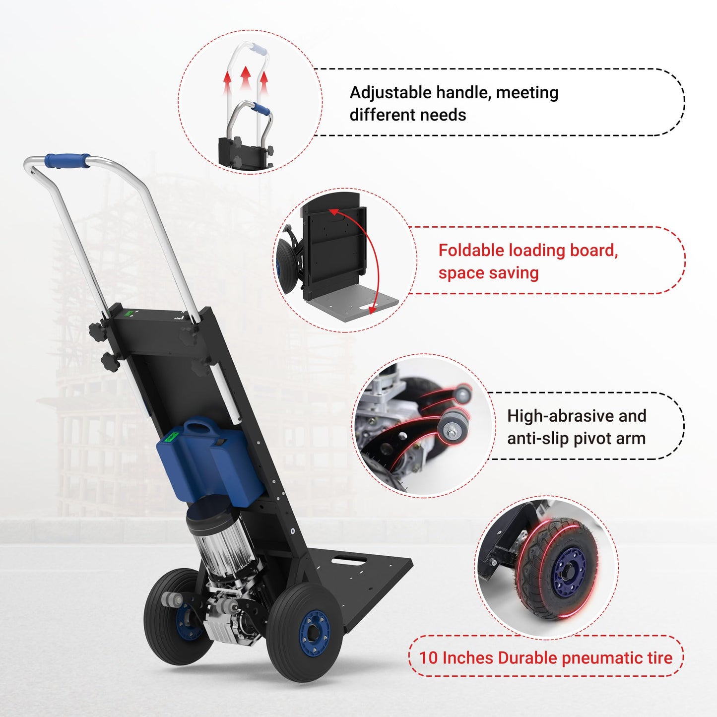 XSTO ZW4250 Electric Dolly Stair Climbing Cart, 1500W Powered Stair Climber Hand Truck Trolly, 550lbs Load Capacity Motorized Stair Climbing Dolly for Moving Heavy Cargoes on Stairs