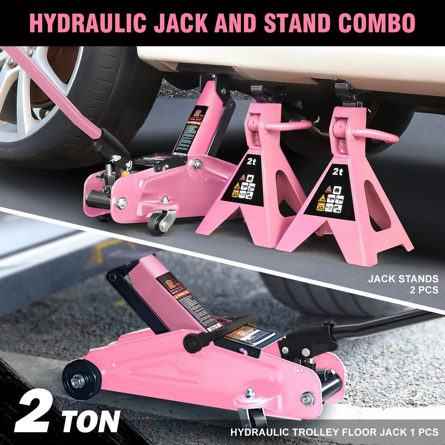 PM PERFORMOTOR Low Profile Hydraulic Trolley Service/Floor Jack Combo with 2 Ratchet Jack Stands, 2 Ton (4000 lbs) Capacity, Pink, PM-TOL-FJ3P-PK