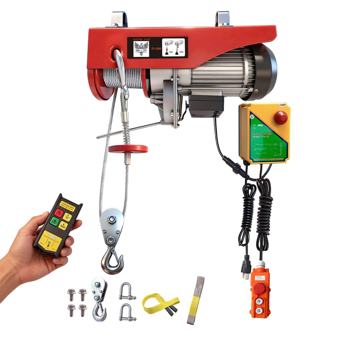 Electric Hoist, 2200 lbs 110V Electric Winch with 328 ft Wireless & 14 ft Wired Remote Control, Single/Double Slings, 40 ft Single Cable Lifting Height, Lift Hoist for Garage Warehouse Factory