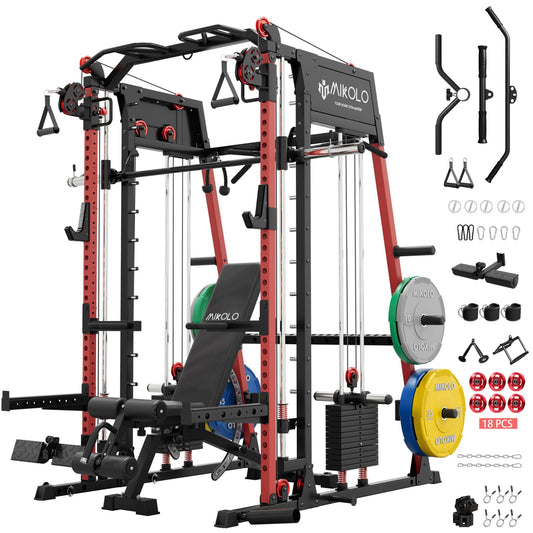 Mikolo M4 2.0 Elite Smith Machine with Weight Stack, All-in-One Home Gym Power Cage with LAT Pulldown & Cable Crossover, Squat Rack for Full Body Workouts (Red with 230LB Colored Weights Package)