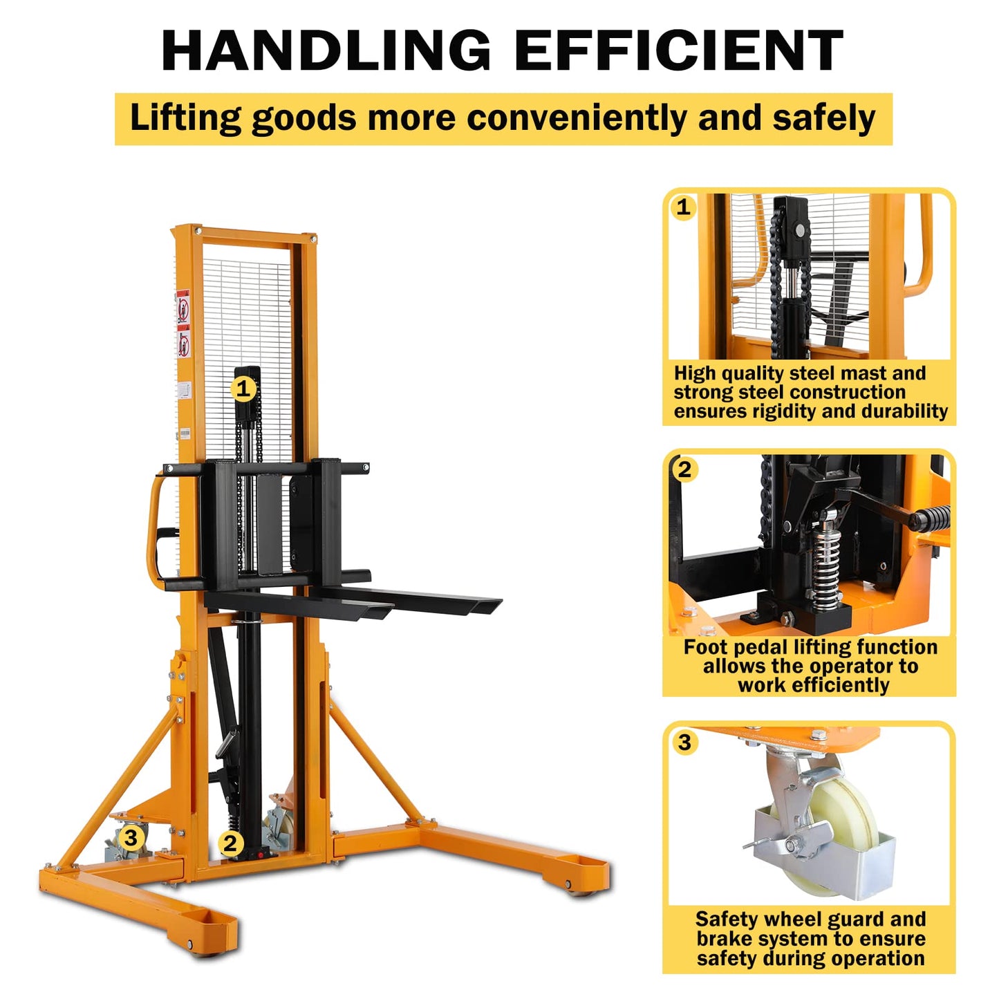 APOLLOLIFT Manual Pallet Stacker with Straddle Legs 1100lbs Capacity 63" Lift Height Adjustable Forks
