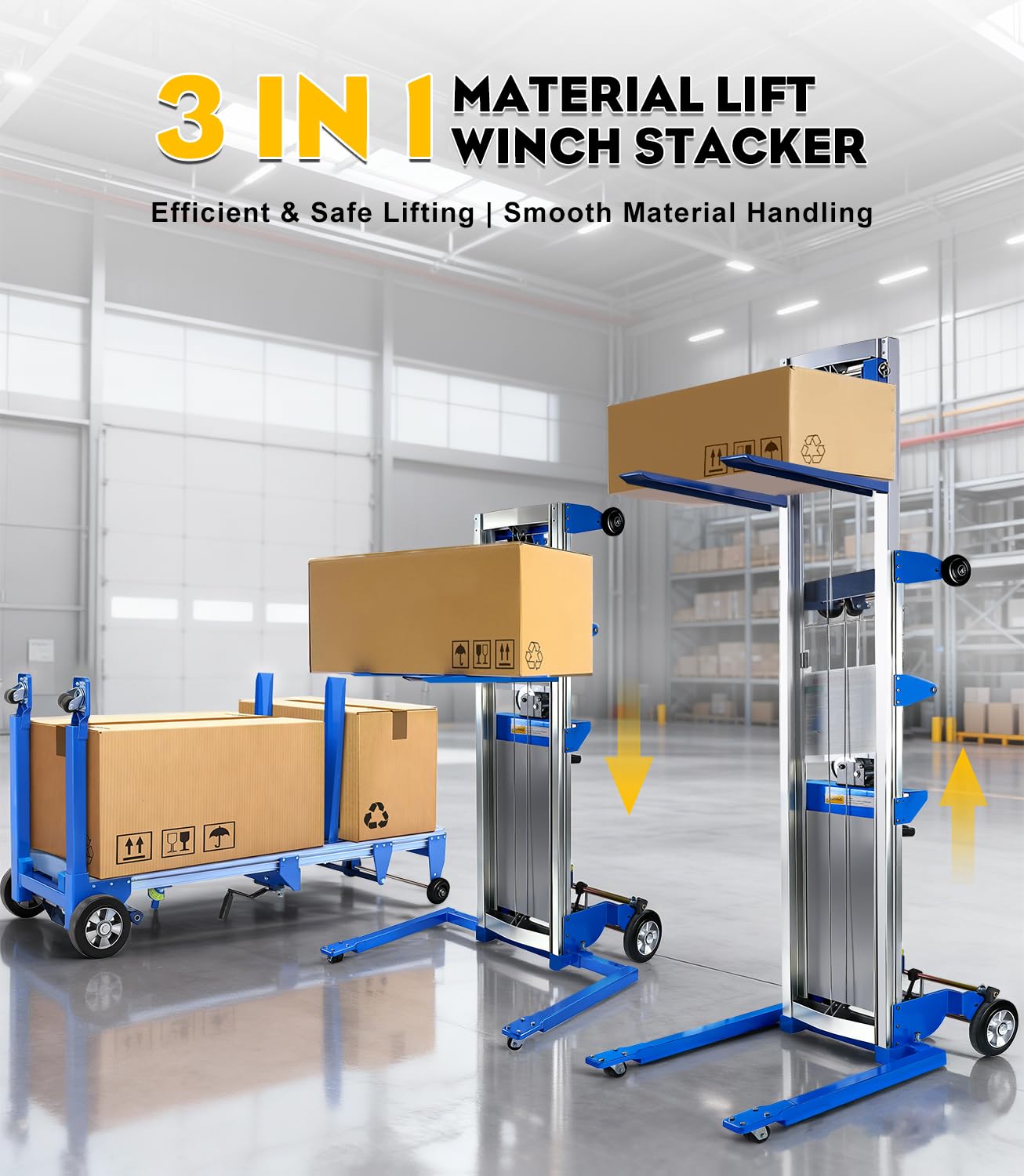 Material Lift Winch Stacker, 123'' Manual Material Lifts, Heavy Duty Pallet Truck Dolly with Adjustable Fork,6 Wheels, Adjustable Straddle Hand Winch Lift Trucks for Warehouse, Factory, Load 410 Lbs