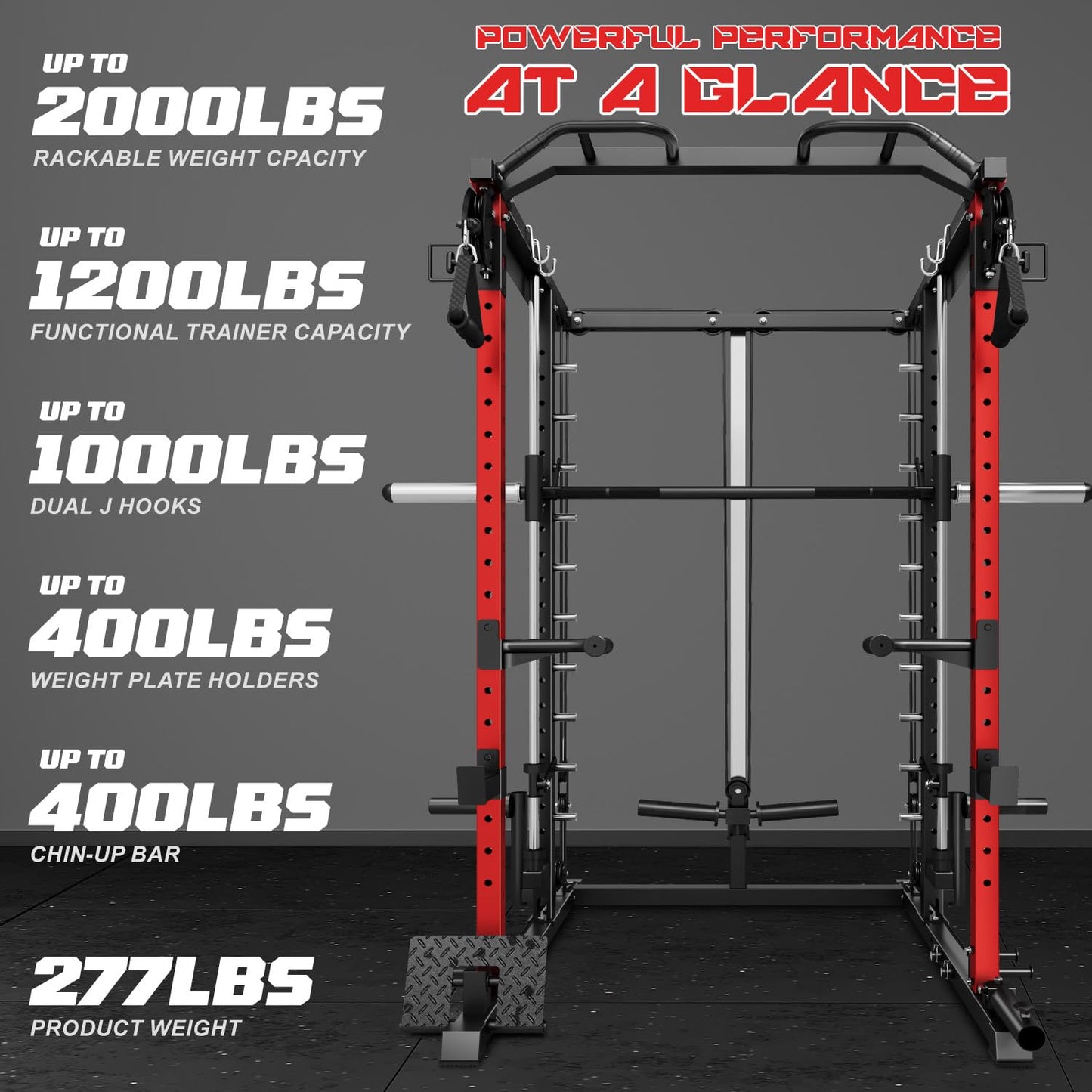 Goimu S1-V4 Smith Machine, 2000LBS Power Cage with Cable Crossover System, All-in-One Squat Rack with Smith Bar, Strength Training Equipment for Hone Gym (Red Smith Machine wiht 340lb Weights)