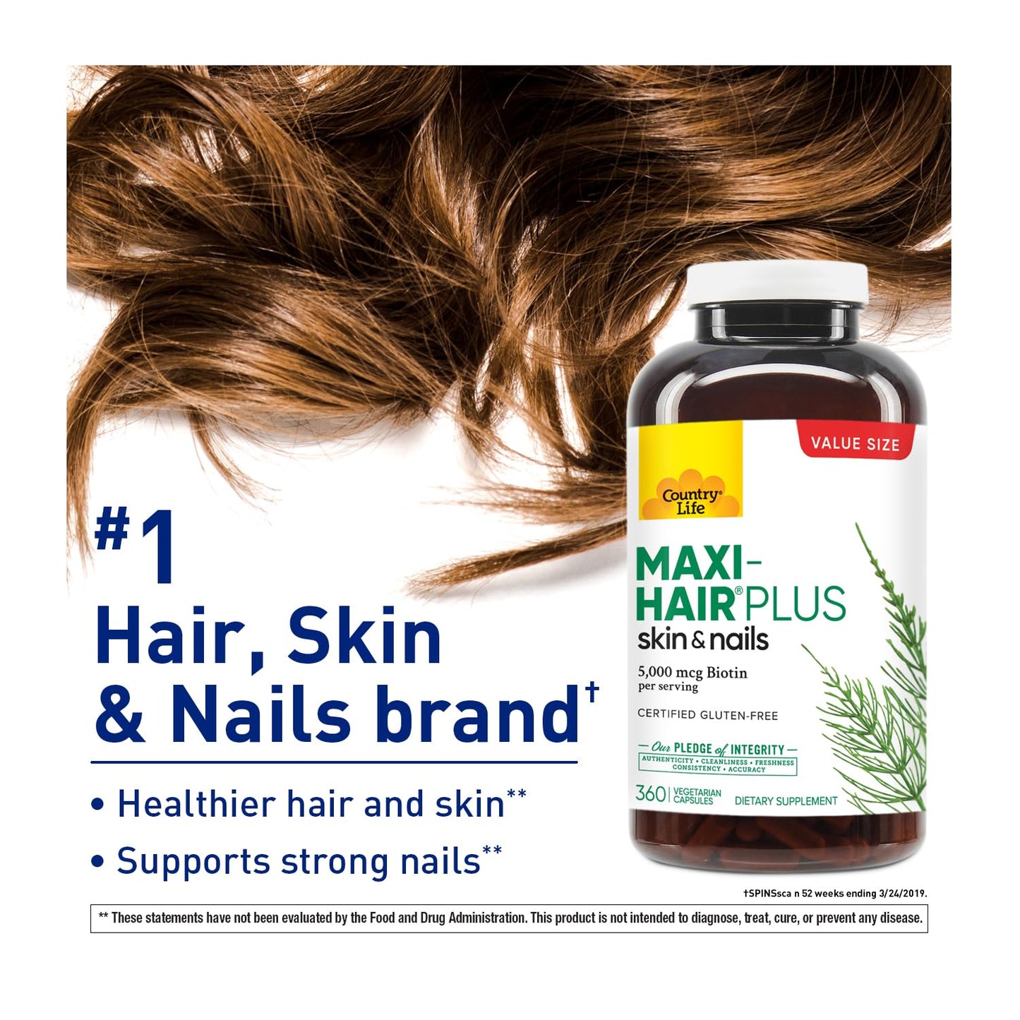 Country Life Maxi-Hair Plus 5000 mcg Biotin, 360 Capsules, Certified Gluten Free, Certified Vegetarian