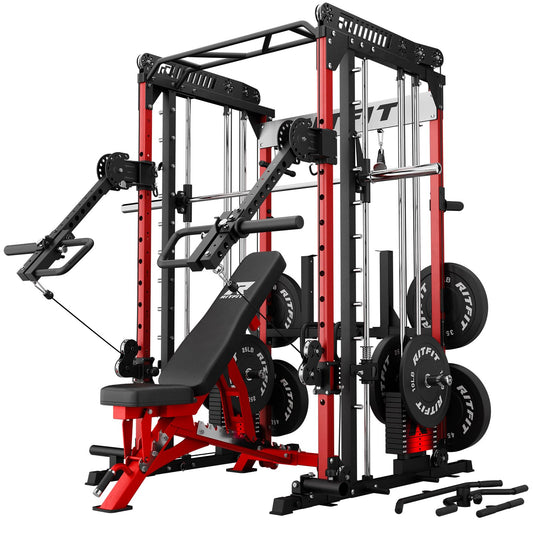 RitFit M1 Pro Smith Machine with LAM1 Adjustable Lever Arm Attachment, All-in-One Power Cage, Power Rack with LAT Pulldown & Cable Crossover System for Home Gym(Red with Weight Stack,BP230)