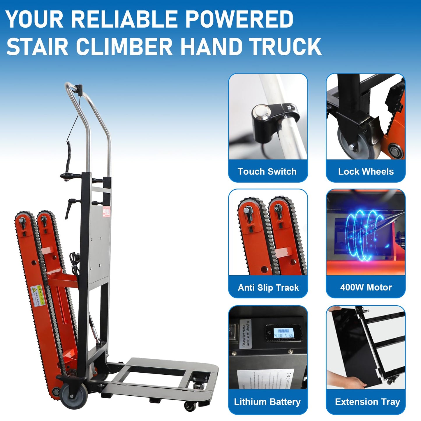 W-JIAJIEBTH Electric Stair Climbing Hand Trucks, Powered Electric Stair Climbing Hand Trucks Dolly Cart for Moving, 441lb Capacity Heavy Duty Stair Climber (Orange with tracks)