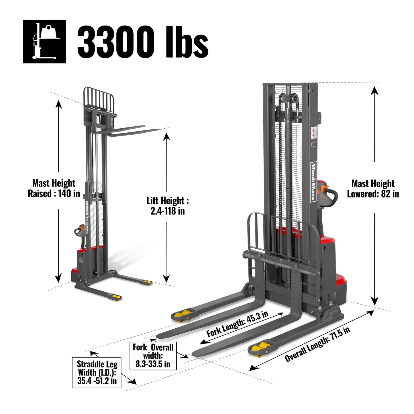 MechMaxx 3300lbs Lithium-ion Electric Straddle Stacker, 118" Lift, Adjustable Legs & Forks, Model F33-118S