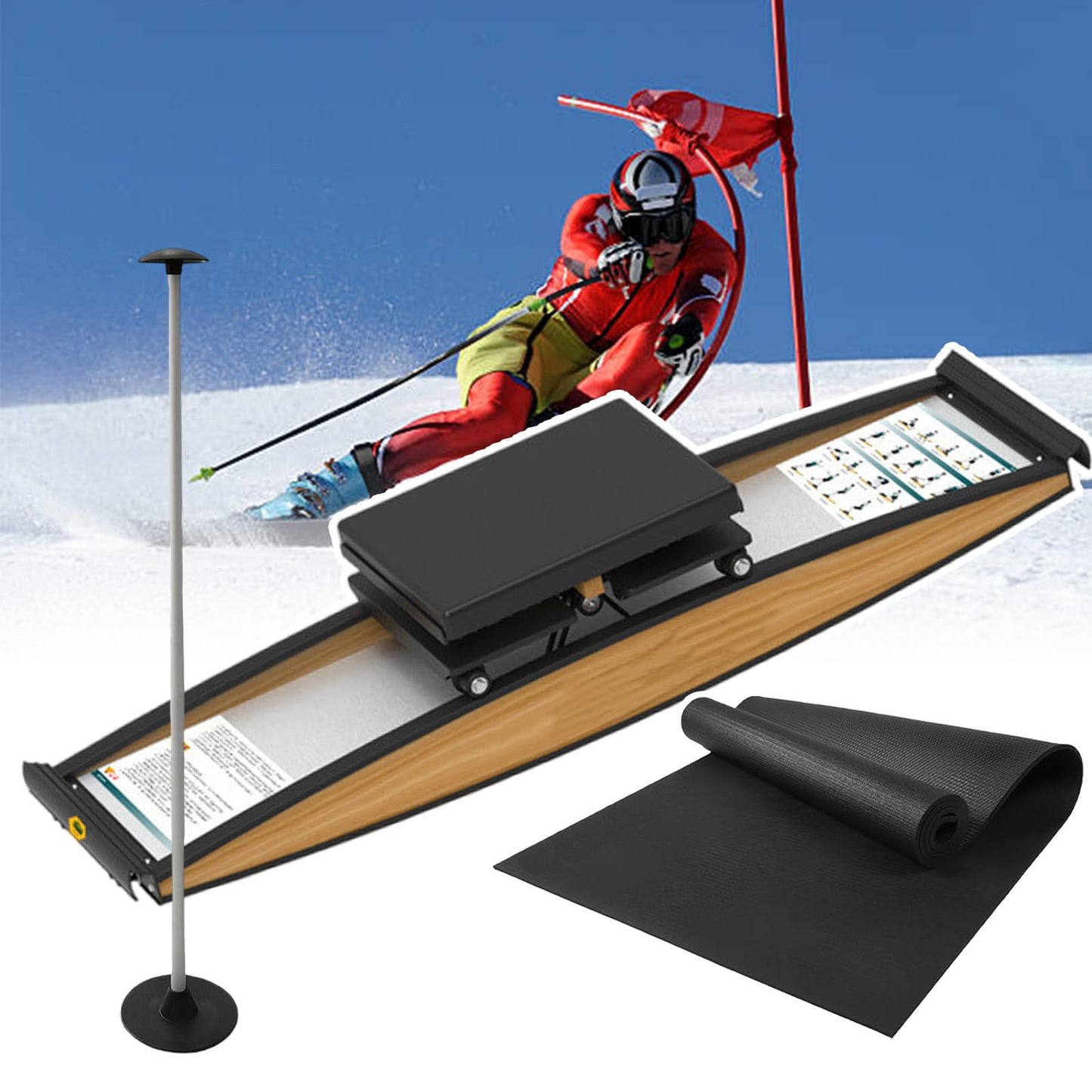 Ski Exercise Machine,Fitness Machine for Home Gym Workout,Indoor Simulated Ski Machine,Rubber Roller,150kg Load,with Ski Poles and Mats,Oak Wood Material