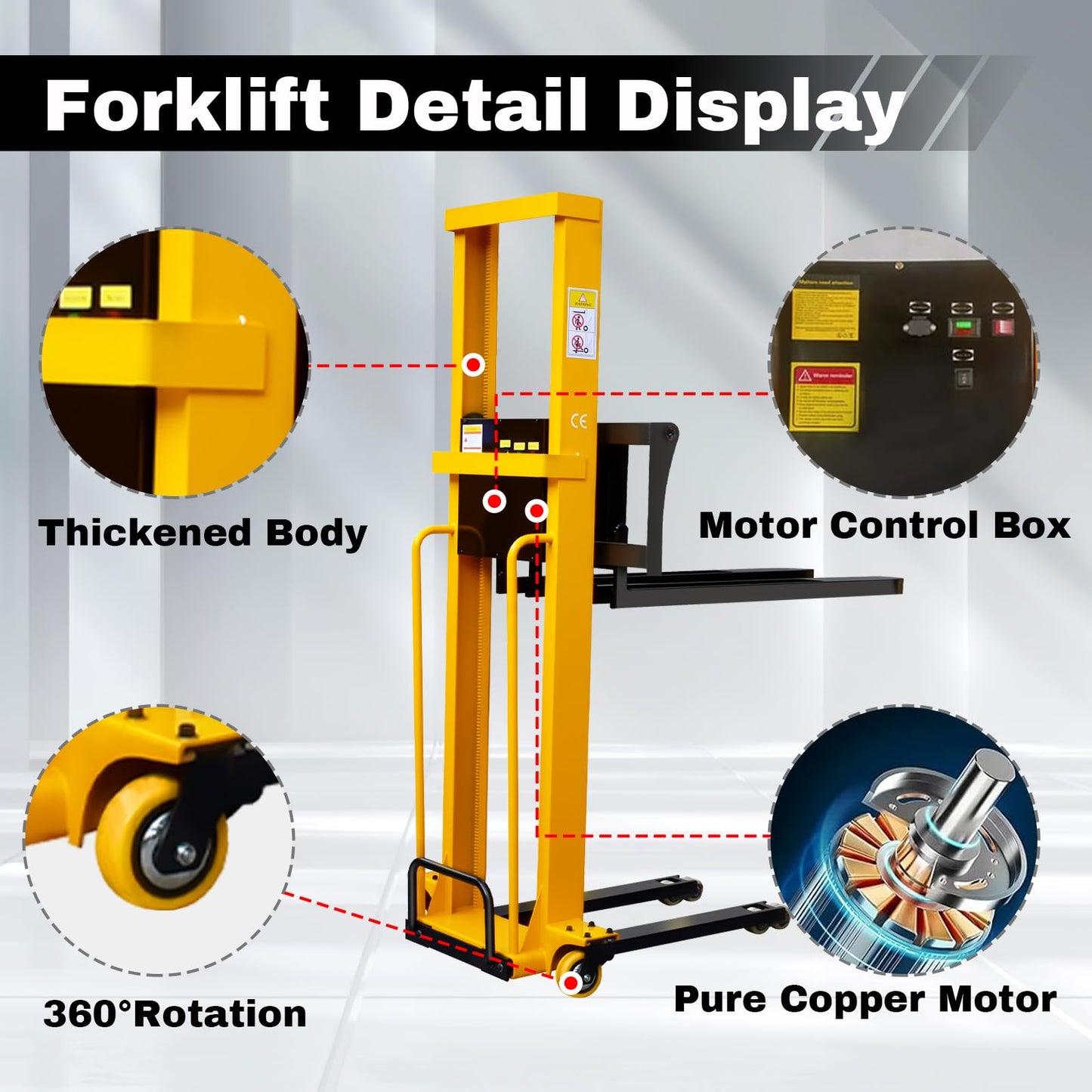 Electric Pallet Stacker 1300lbs Capacity 63 Inch Lift Height, Truck-Boardable Material Lift with Fixed Legs, Electric Forklift for Warehouses & Logistics (Width Adjustable 63" Lifting)