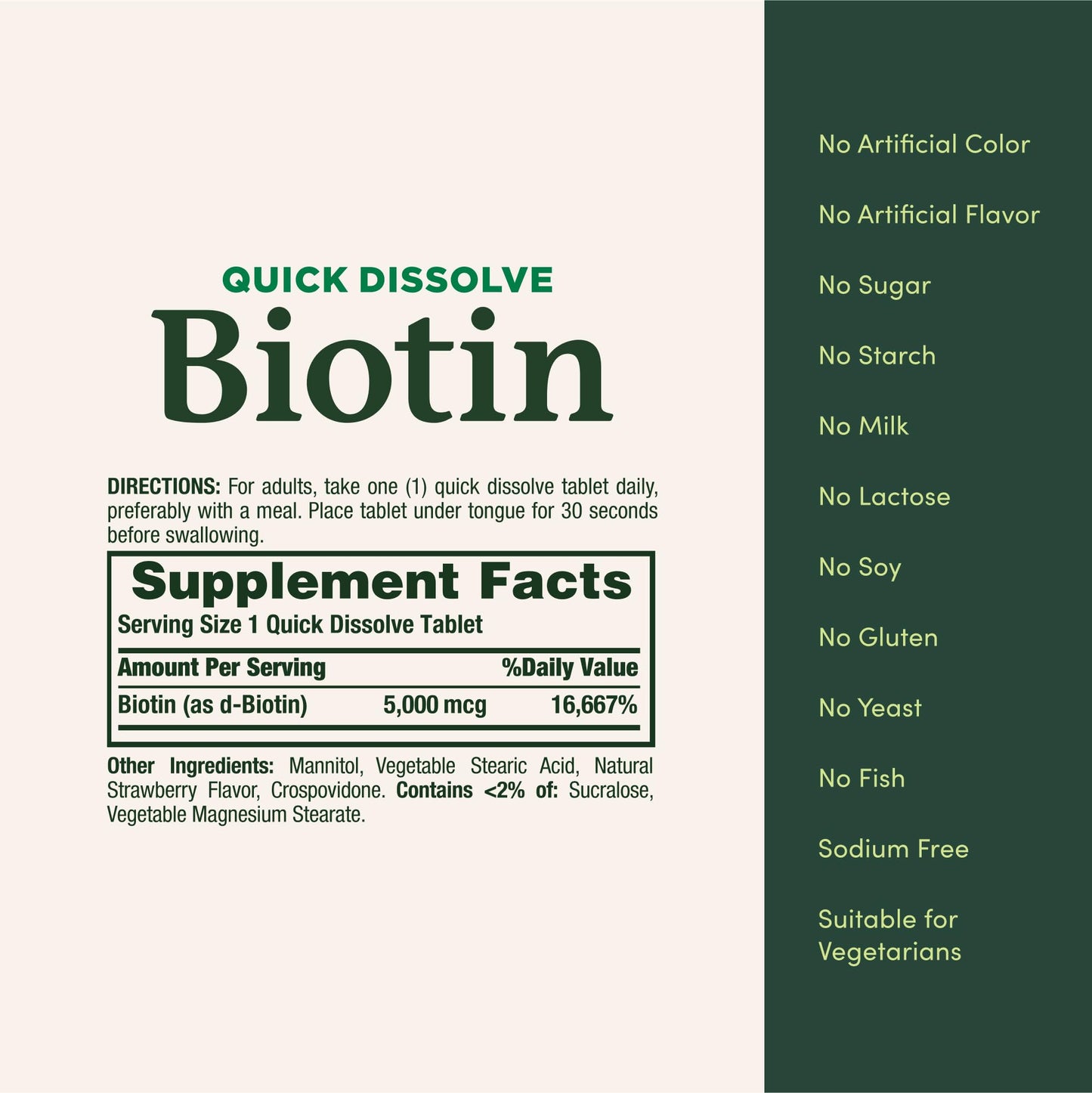 Nature's Bounty Biotin, Supports Metabolism for Cellular Energy and Healthy Hair, Skin, and Nails, 5000 mcg, 60 Quick Dissolve Tablets