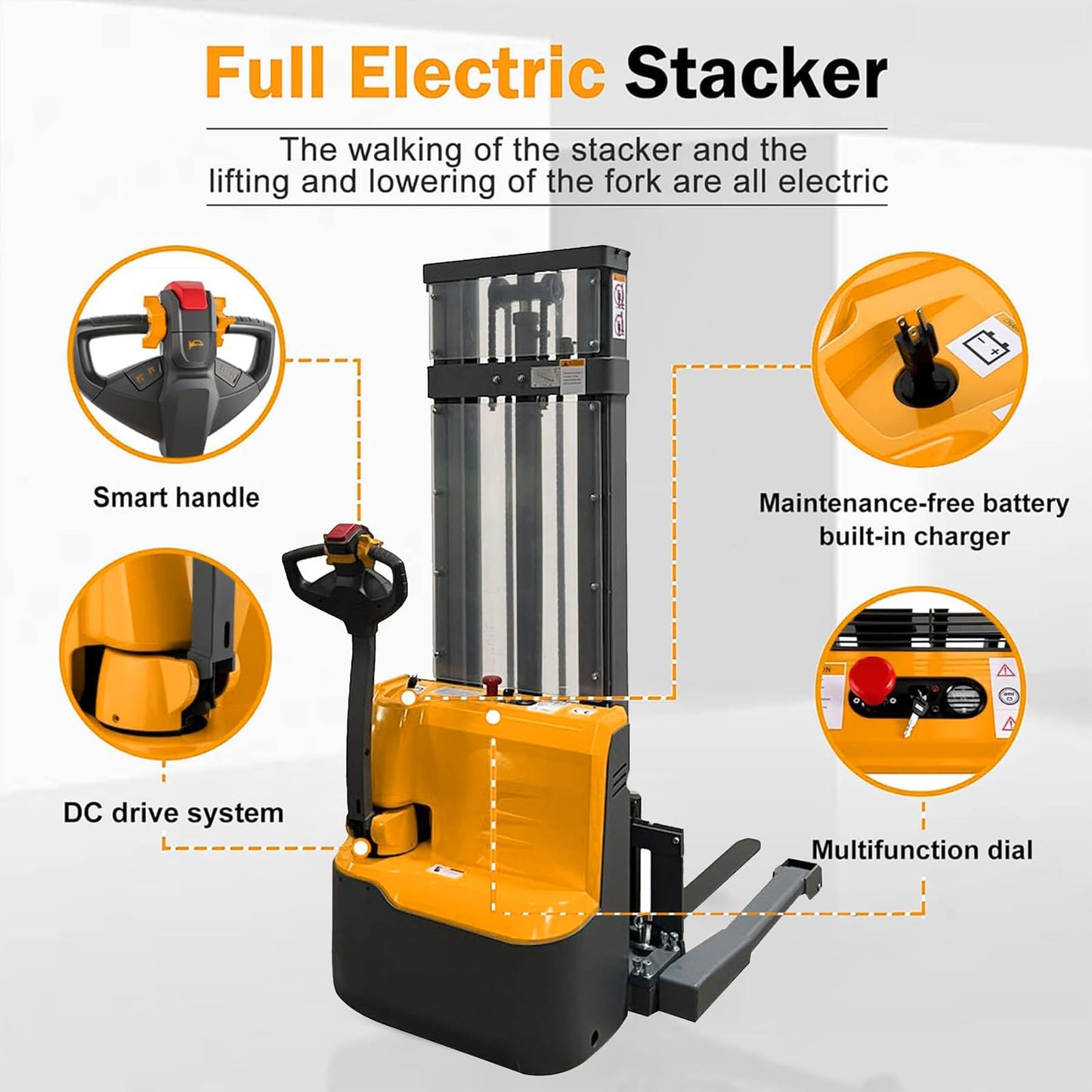 Torry Carrier Powered Forklift Full Electric Powered Stacker 98" H Lifting Walkie Stacker with Straddle Legs & Adjustable Forks 2640lbs Cap Straddle Legs