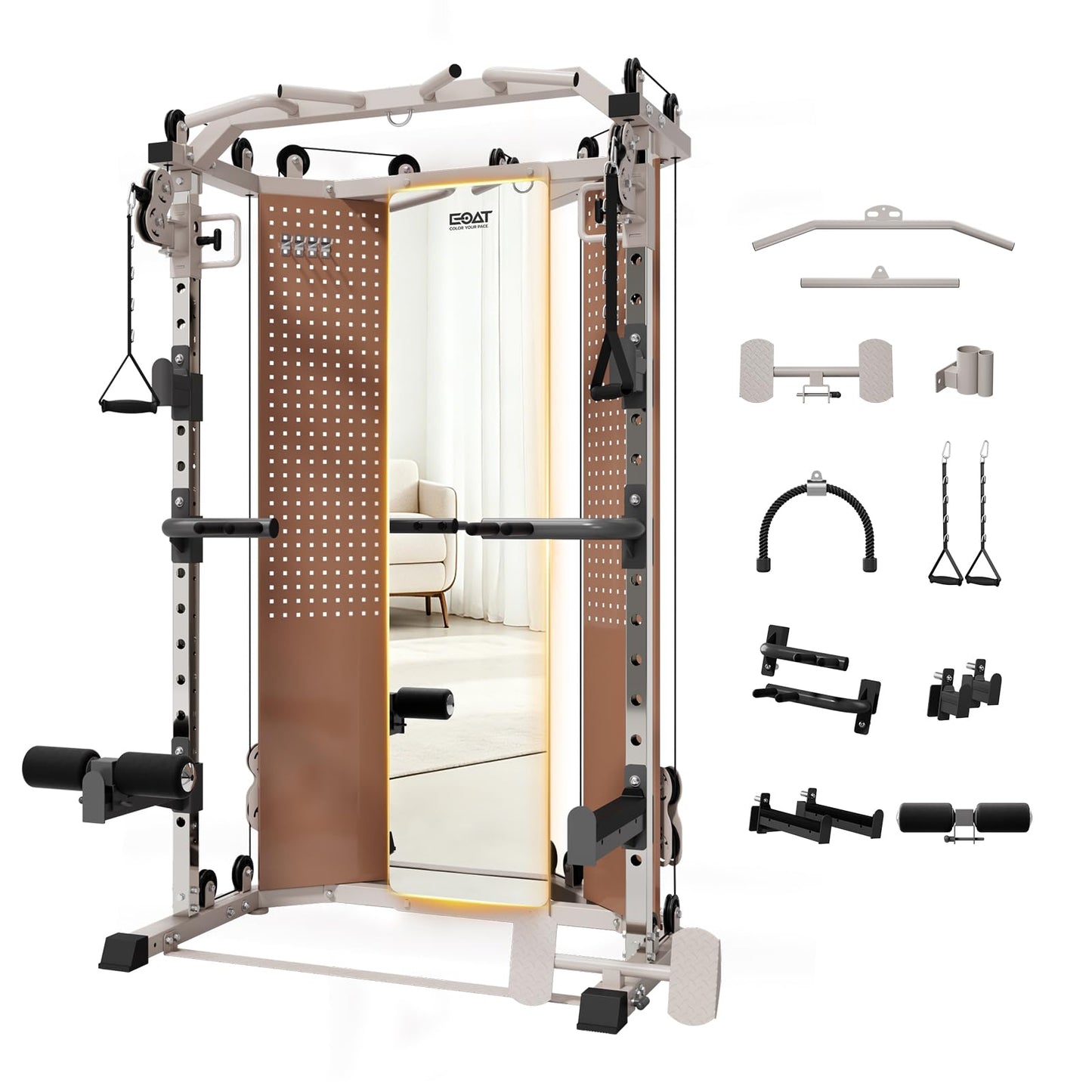EOAT Smith Machine with Mirror, All in One Corner Master with 132 lbs Weight Stack, 17 Adjustable Settings, Space-Saving Corner Design, Squat Rack Power Cage with Cable Crossover System for Home Gym