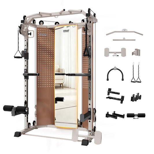 EOAT Smith Machine with Mirror, All in One Corner Master with 132 lbs Weight Stack, 17 Adjustable Settings, Space-Saving Corner Design, Squat Rack Power Cage with Cable Crossover System for Home Gym