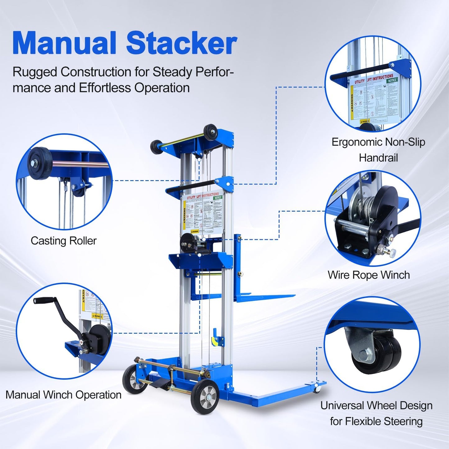 ELOMBR 70" Material Lift Winch Stacker, 500 lbs Capacity Manual Material Lifts, Adjustable Straddle Material Lifter, Hand Winch Lift Trucks for Warehouse, Factory, Lightweight, 42.90" L x 43.30" W