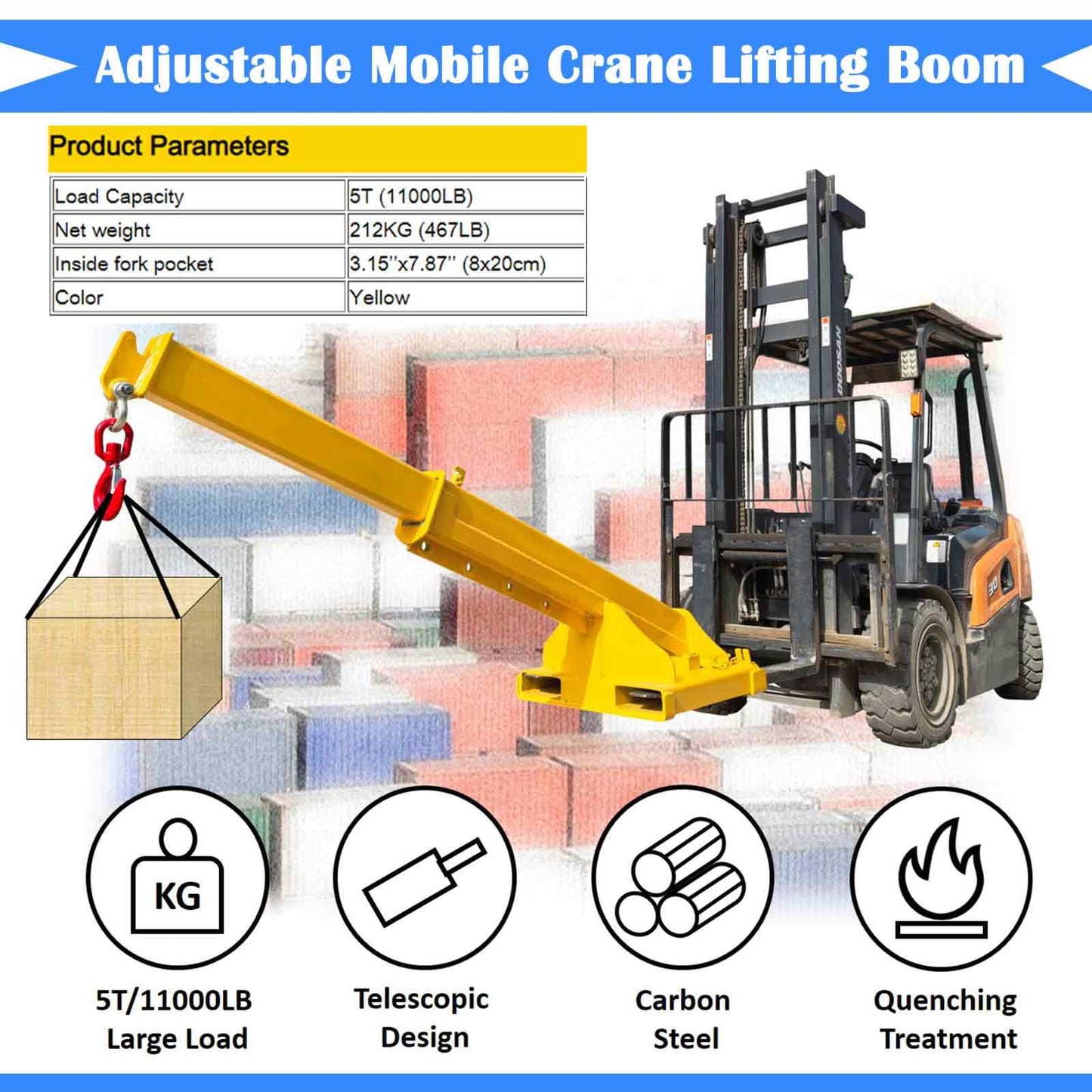 BEILOCKERY Adjustable Forklift Jib Boom Crane with Telescopic Arm,11000 lbs Heavy Duty Mobile Crane, Includes Truss Hoist and Hook for Industrial Lifting and Towing, Max Reach 96.5 Inches